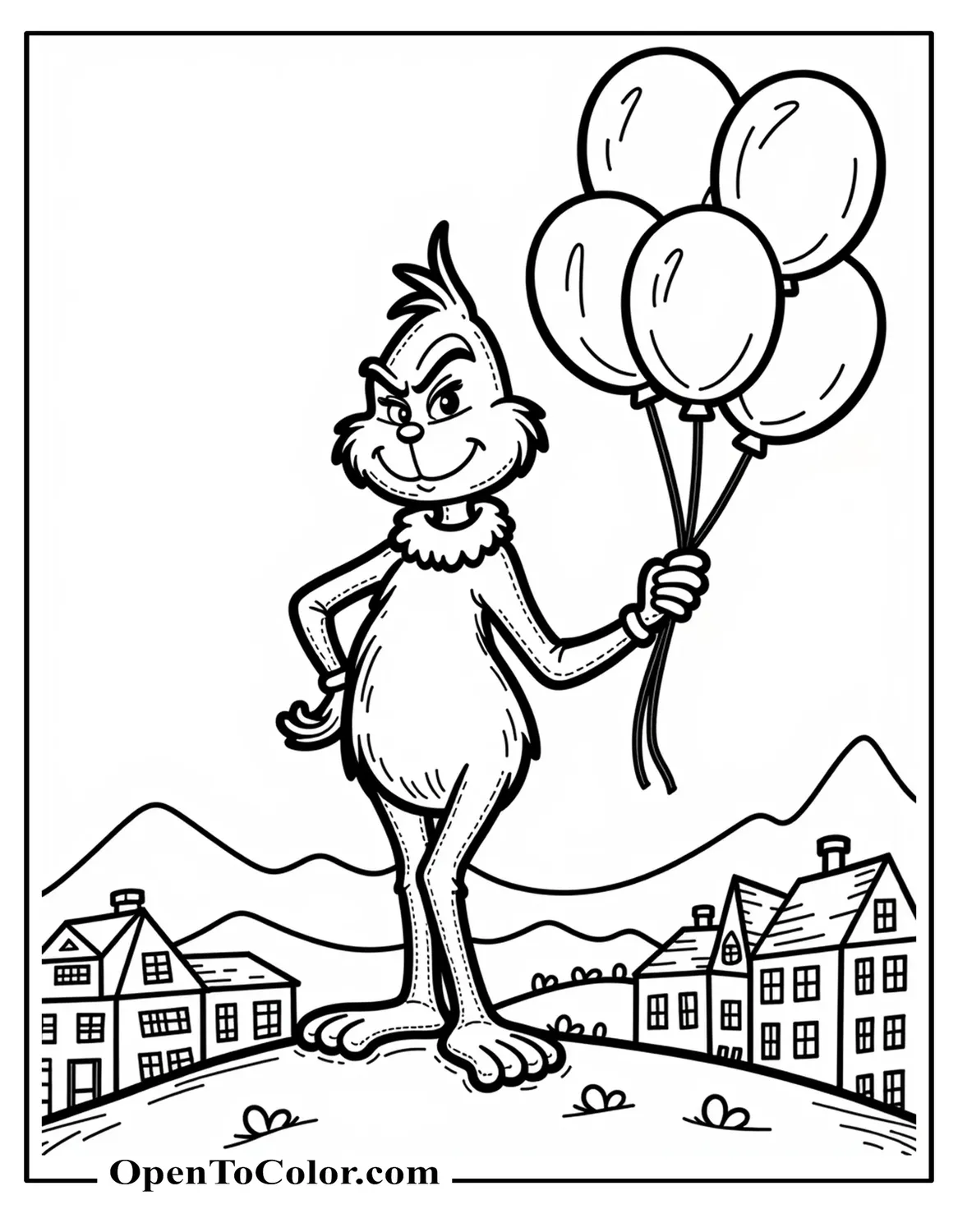 Grinch Holding A Bunch Of Round Balloons In One Hand, Standing On A Small Hill With A Simple Town Far Below, Coloring Sheet PDF