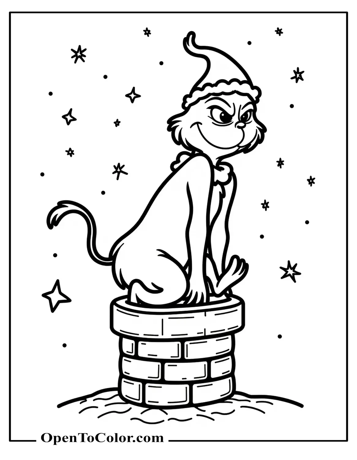 Grinch halfway inside a chimney, simple rooftop and night sky with stars, coloring sheet PDF.