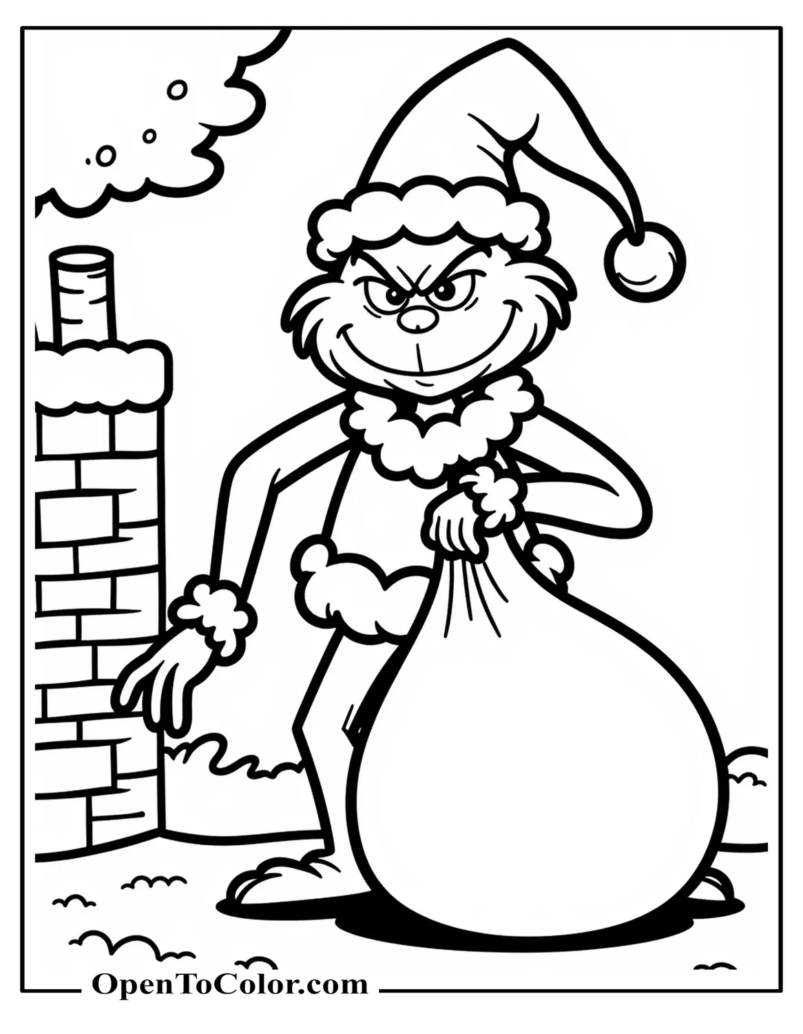 Coloring page PDF of the Grinch sneaking with a sack, crooked grin, chimney in background.