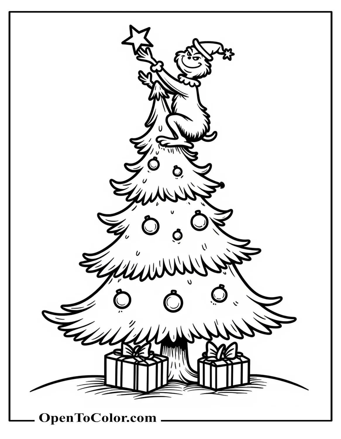 Grinch perched at the top of a tall Christmas tree placing a star, with simple ornaments and a few presents underneath, coloring sheet PDF.