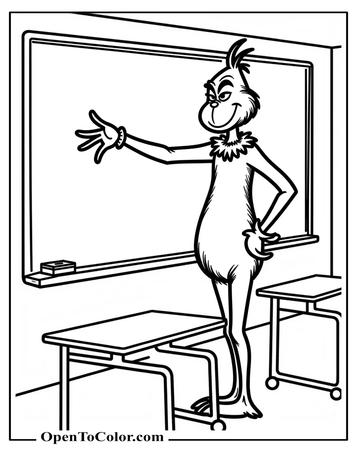 Grinch standing at the front of a classroom pointing to a simple chalkboard, a few empty desks in the room, coloring page, printable.