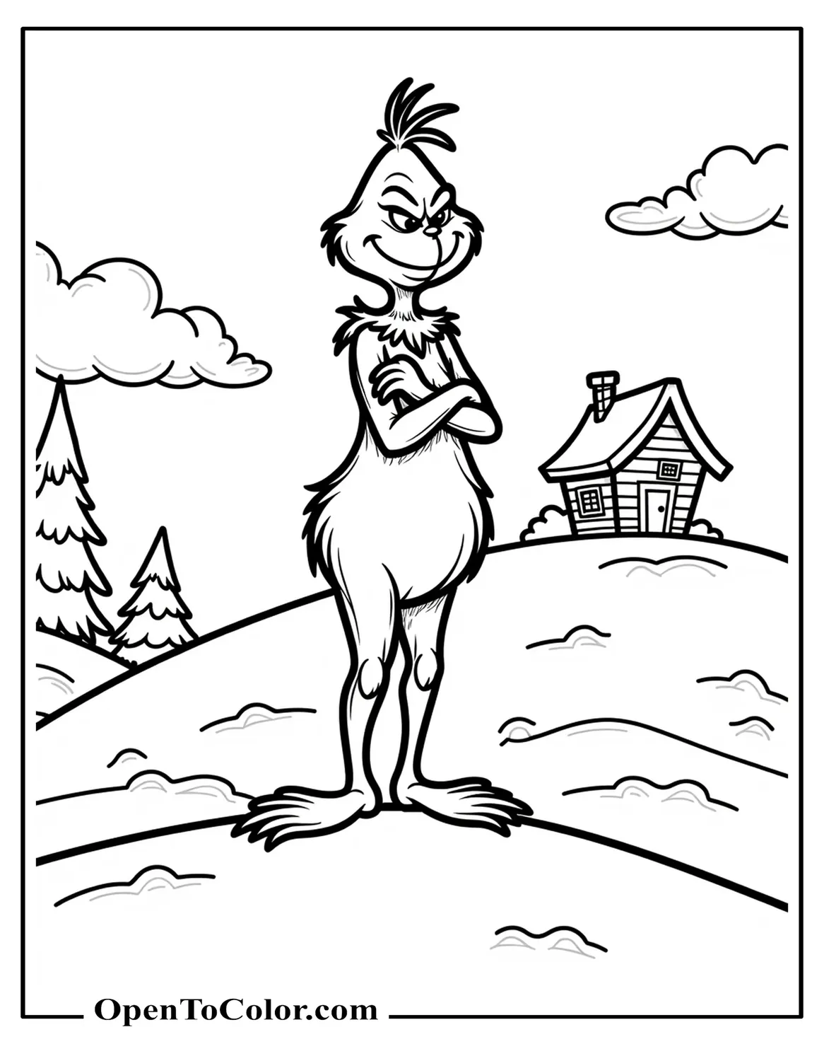 Cartoon Grinch Coloring Page PDF Standing With Arms Crossed On A Snowy Hill With A Small Crooked House In The Background