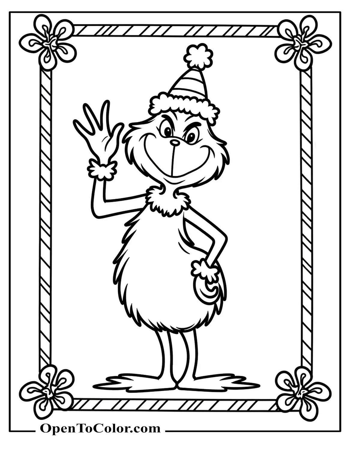 Grinch waving with one hand, framed by a simple border of candy canes and snowflakes, coloring sheet PDF.