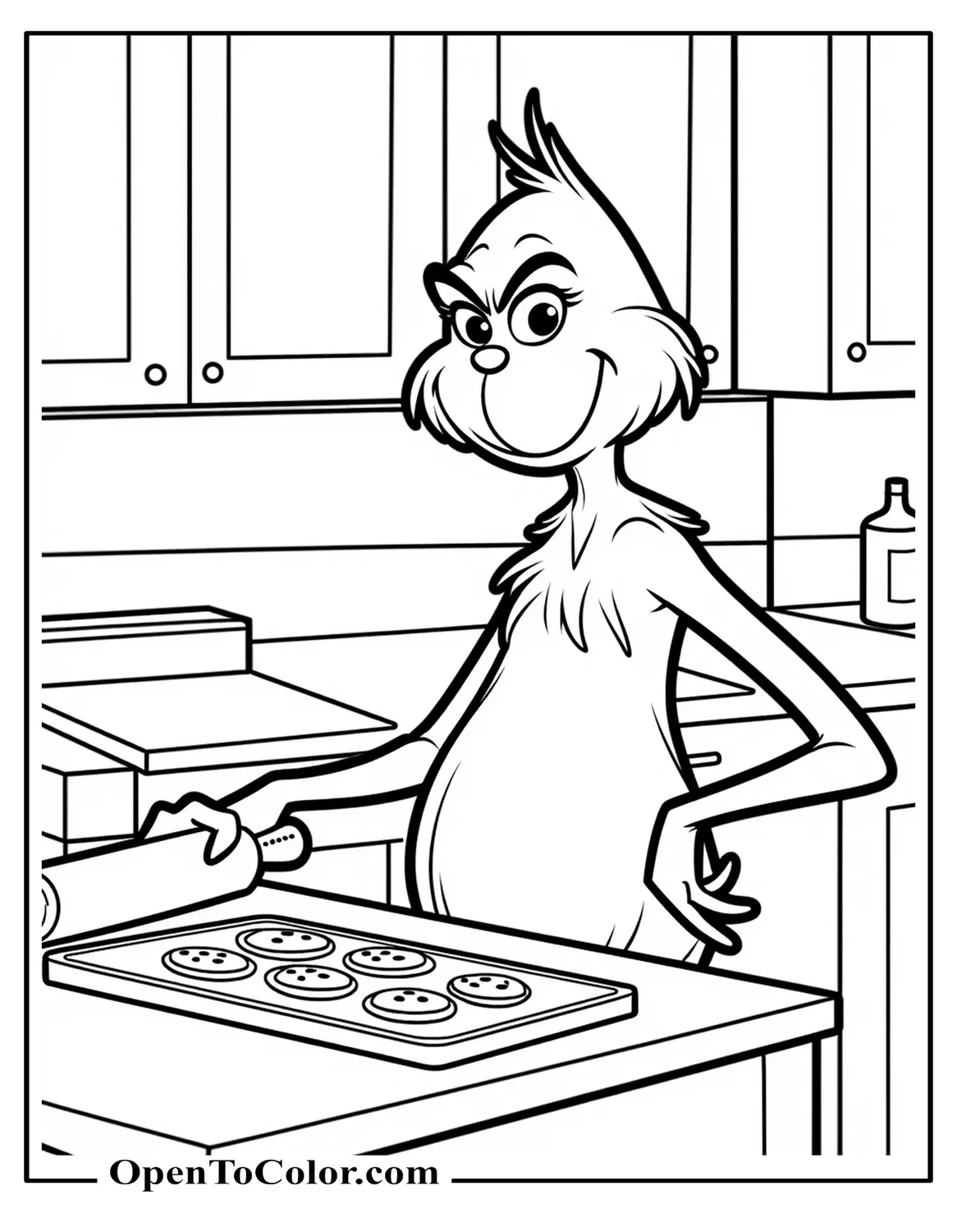 Free Coloring Page: Grinch Standing at a Kitchen Counter Using a Rolling Pin with Cookies on a Tray, Simple Cabinets in the Background