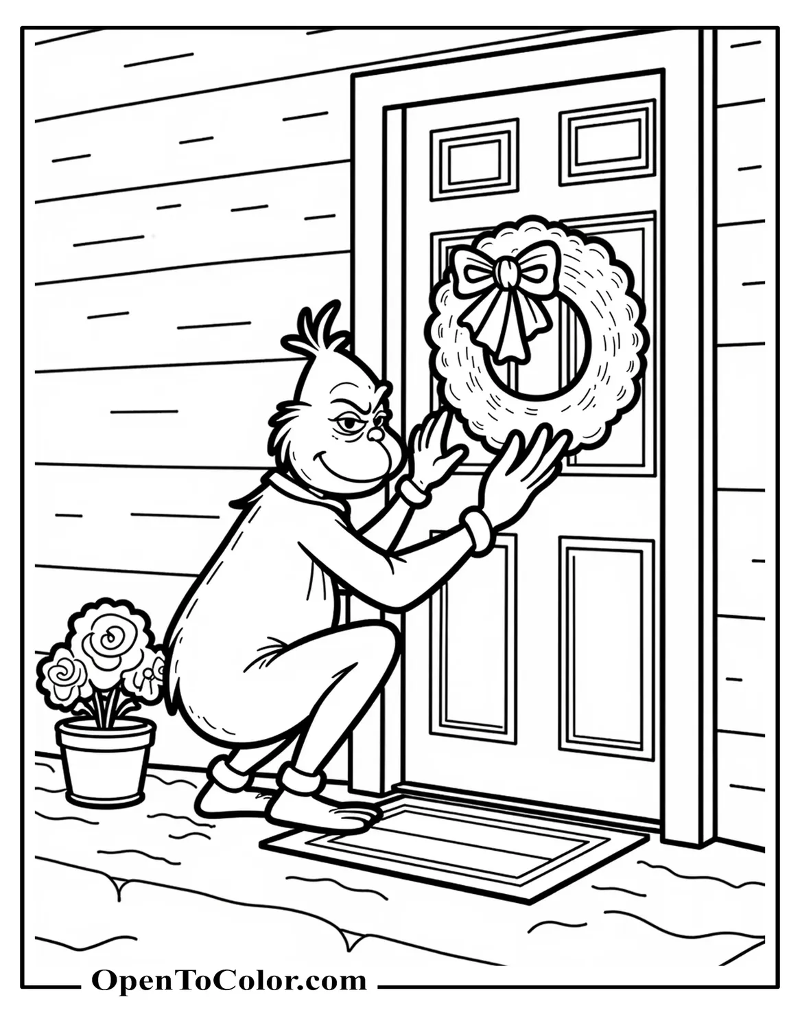 Grinch crouched by a front door adjusting a wreath, a simple doormat and a small potted plant beside the door, coloring page, printable.