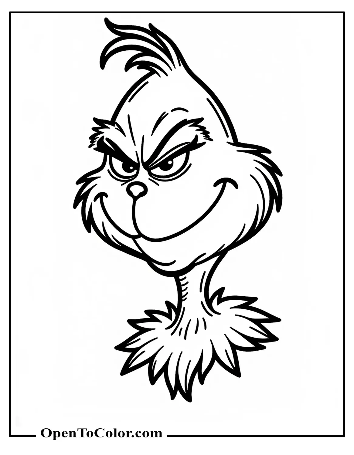 Close-Up Grinch Face Coloring Sheet With Mischievous Grin And Fluffy Fur Around The Neck, Free