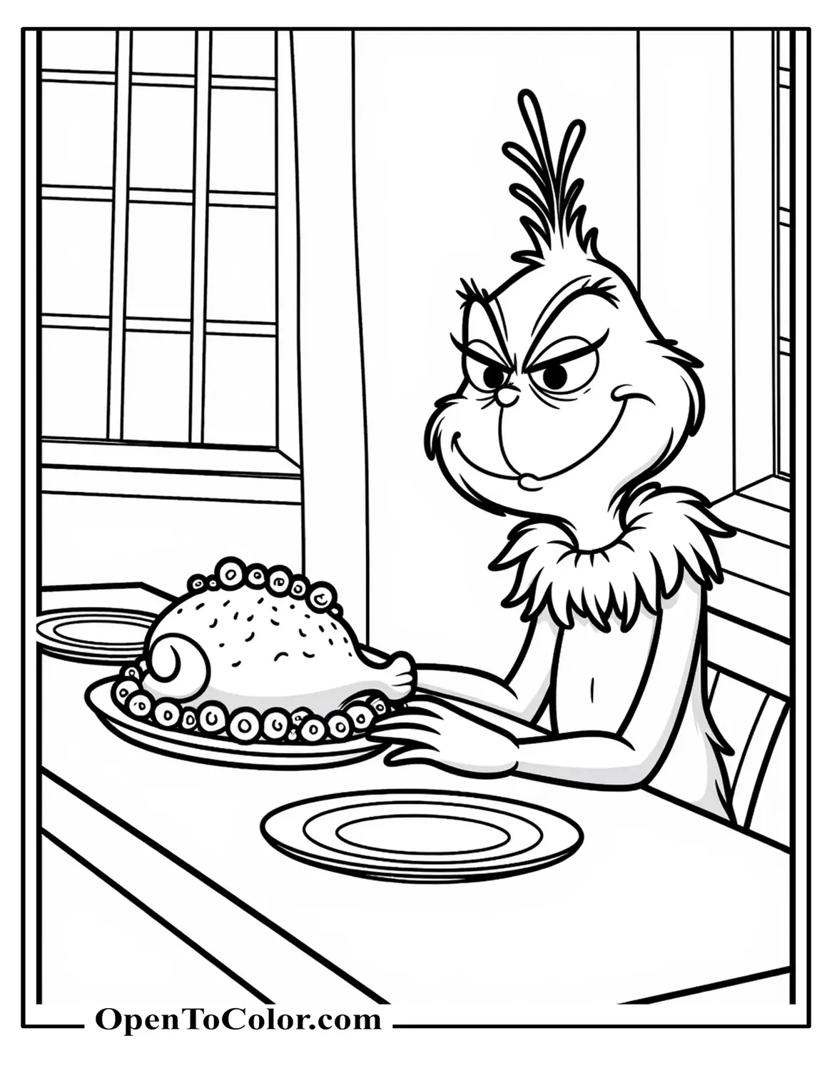 Grinch Sitting At A Long Table With Plates And A Large Roast In Front Of Him, A Simple Window And Curtains Behind, Printable Coloring Page