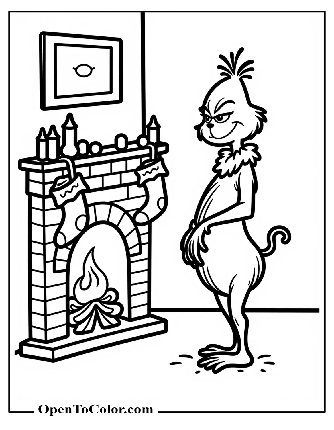 Printable coloring sheet of Grinch standing by a fireplace with stockings hanging from the mantle and a simple framed picture above.