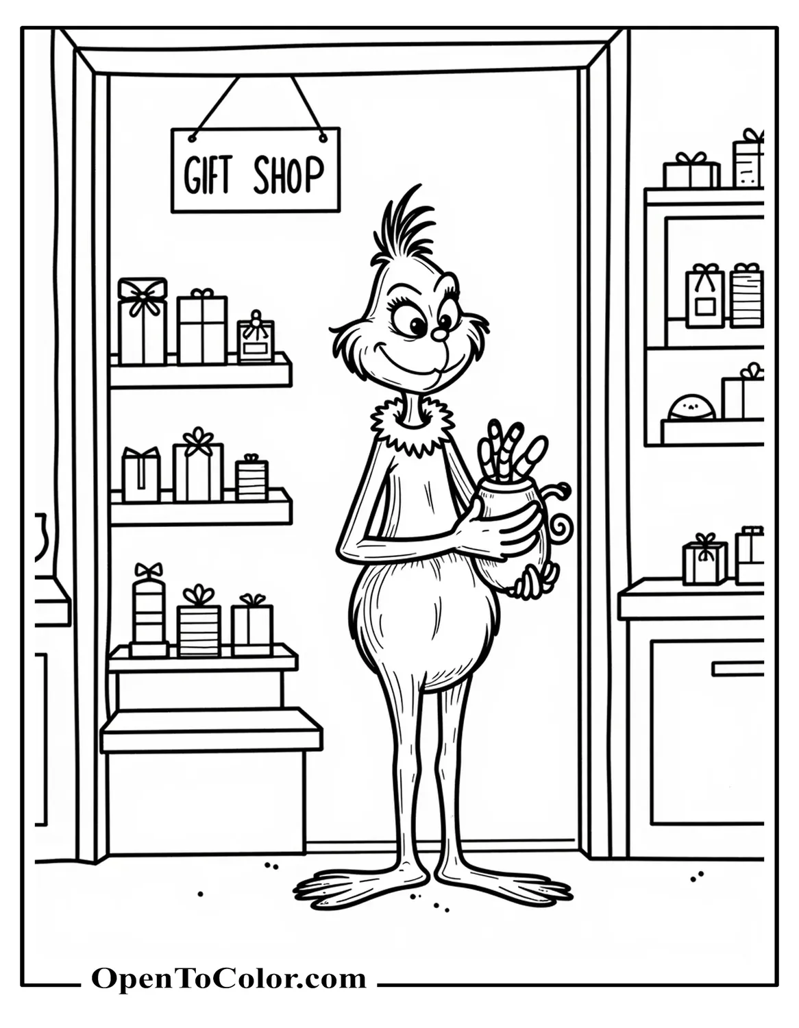 Grinch standing inside a gift shop holding a toy, simple shelves with boxes and a small sign above the door, free coloring page.