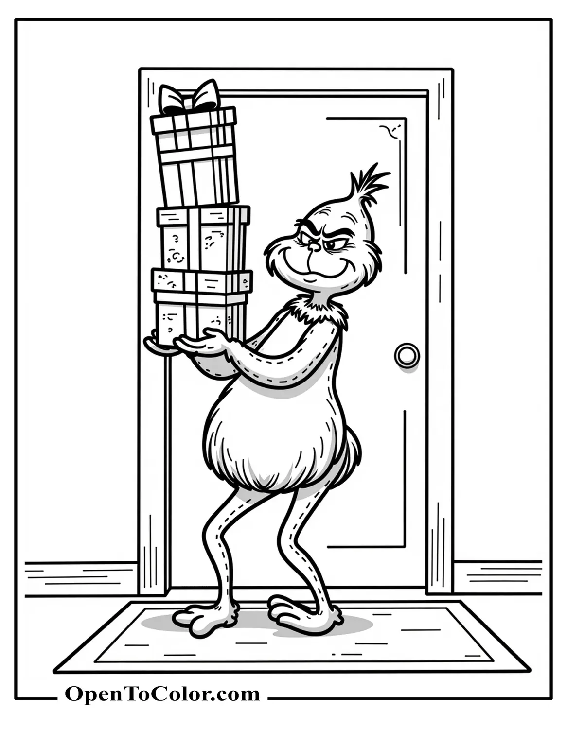 Grinch trying to balance a tall wobbly stack of gifts, with a simple doorway and rug behind, coloring page PDF.
