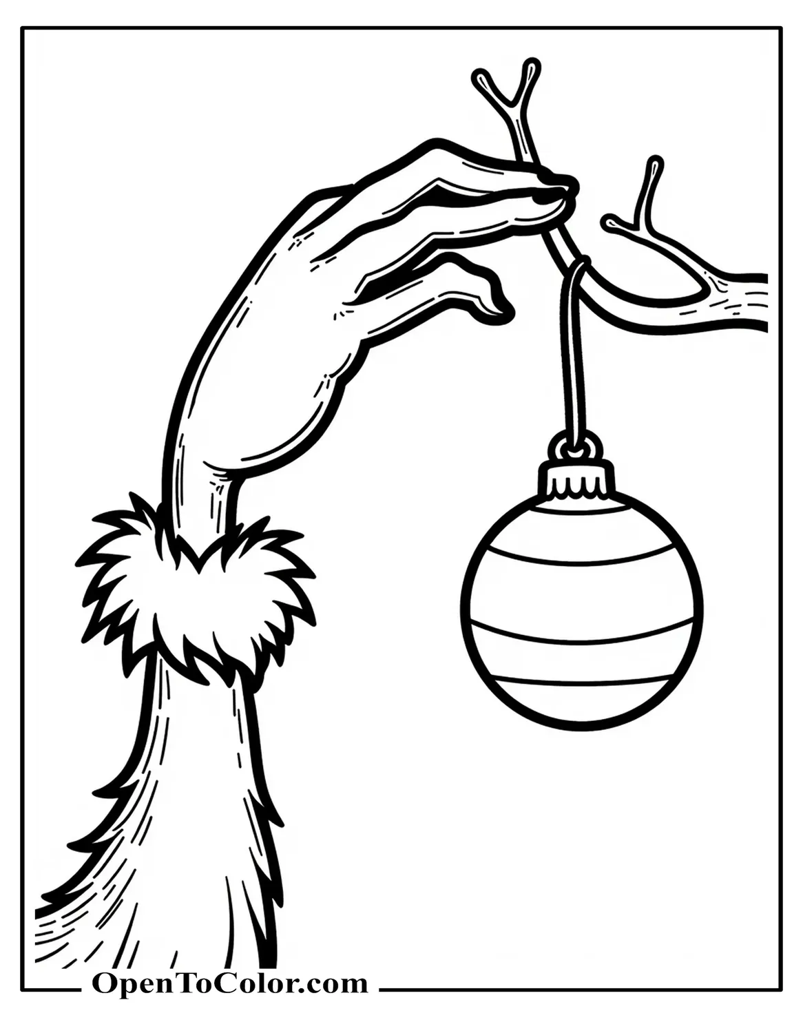 Grinch hand with furry sleeve holding a round ornament hanging from a thin branch, printable coloring sheet.