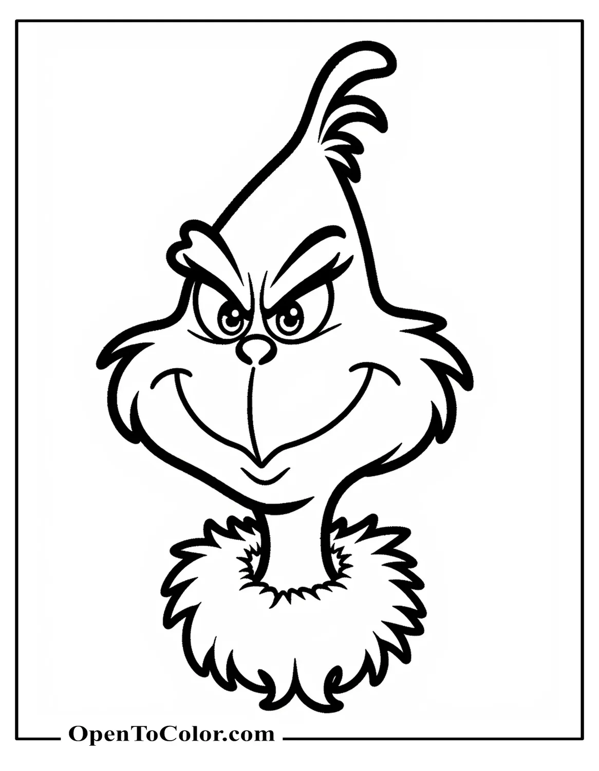 Printable Coloring Page of Grinch Head in Three-Quarter View with Raised Eyebrow and Fluffy Fur Collar