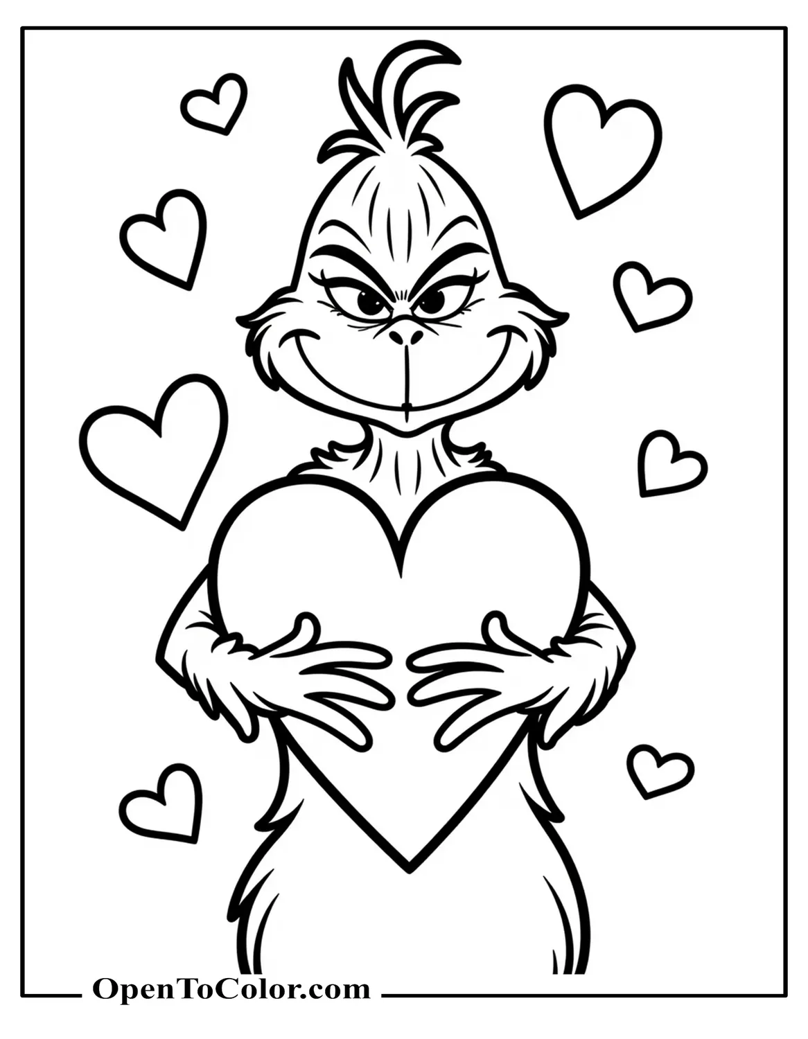 Grinch holding a large heart close to his chest with smaller hearts floating around him, printable coloring sheet.