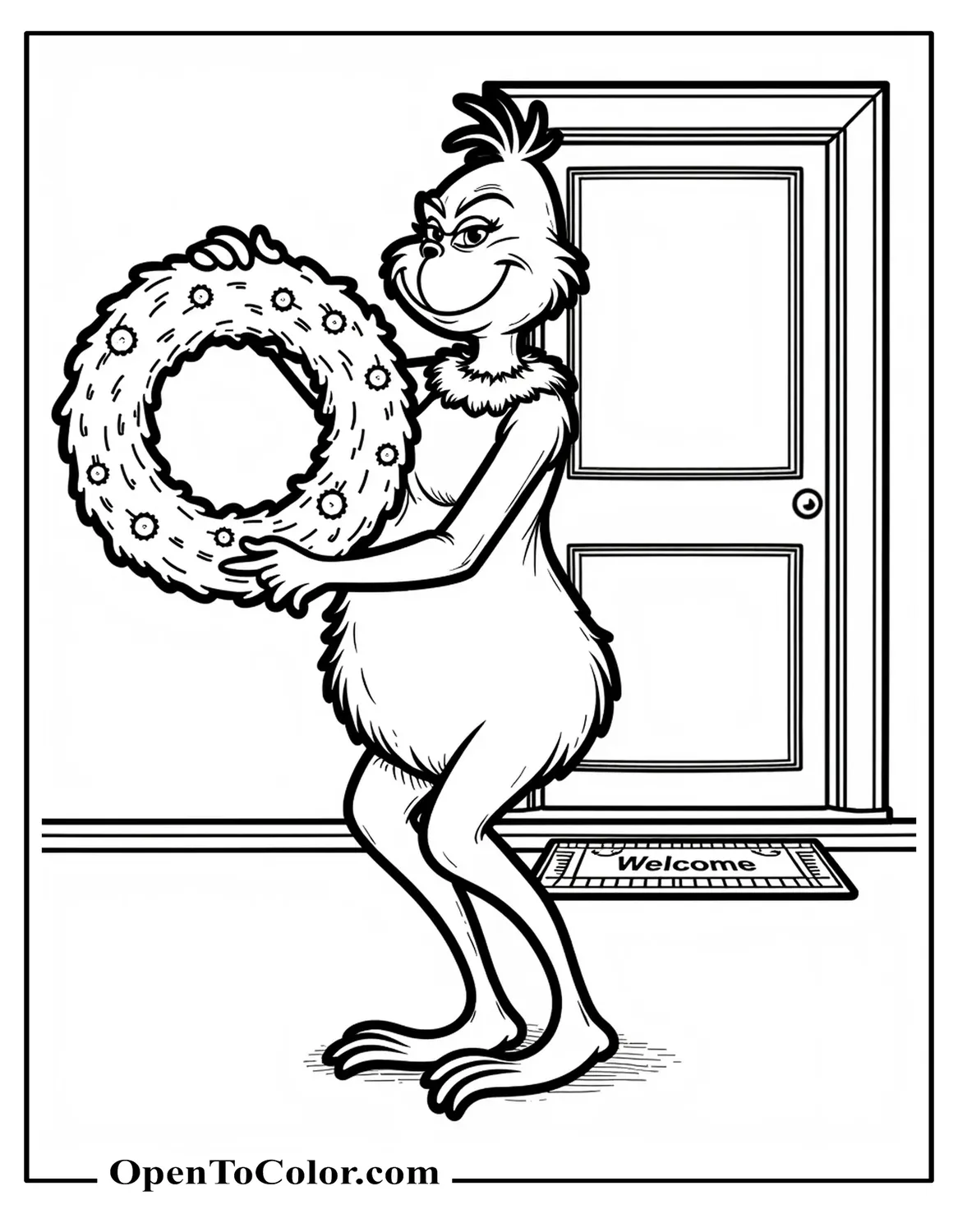 Grinch holding a large round wreath in front of him, with a simple door and welcome mat behind, printable coloring sheet.