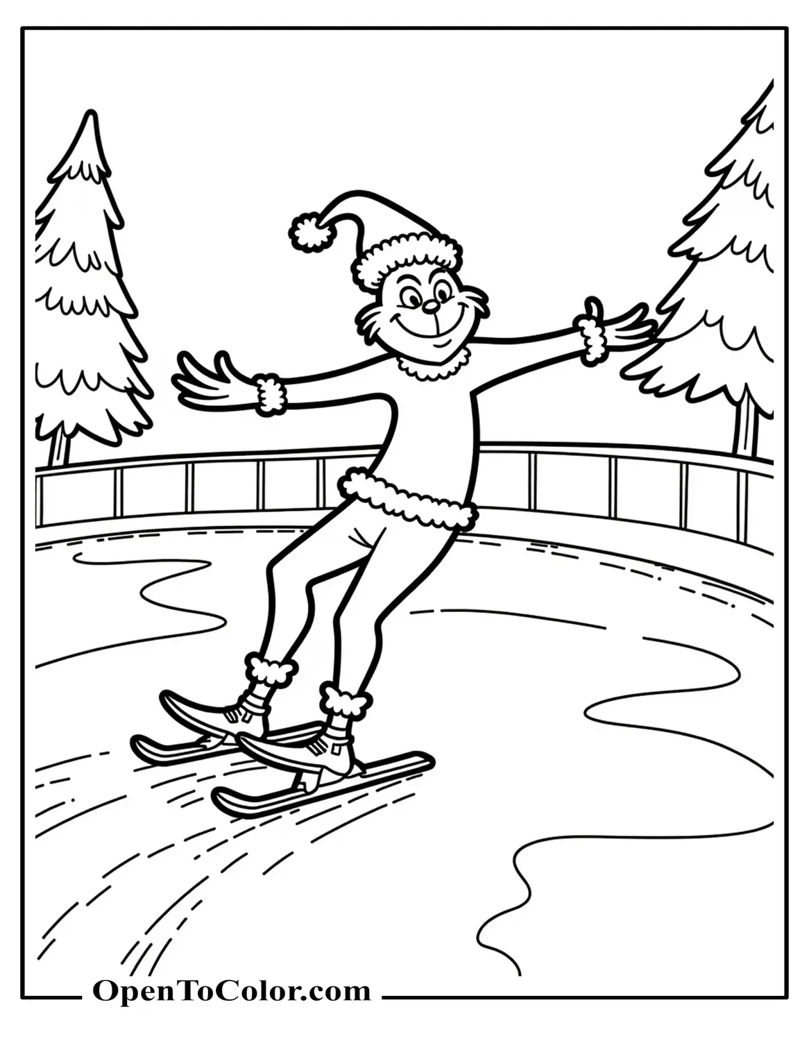 Grinch gliding on an ice rink with arms stretched out, a simple railing and two trees in the background, printable coloring sheet.