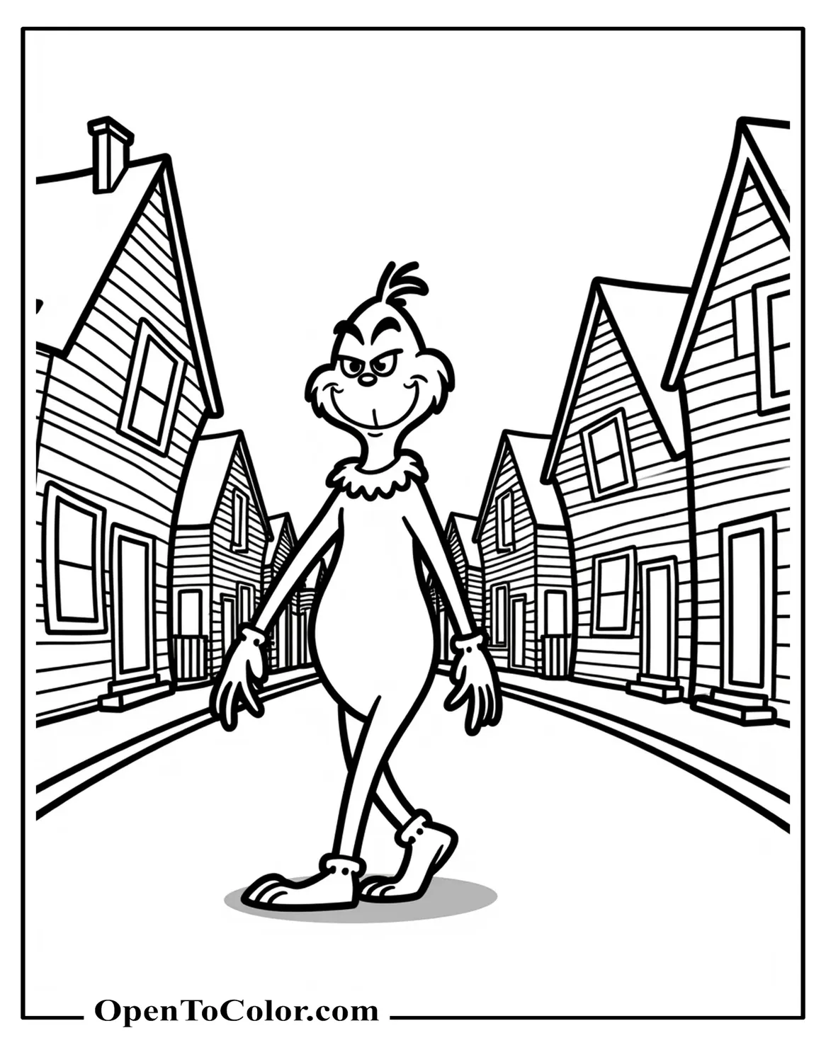Free Coloring Sheet of Grinch Walking Through a Whoville Street with Curved Houses and a Few Simple Lamp Posts Around Him in Cartoon Style