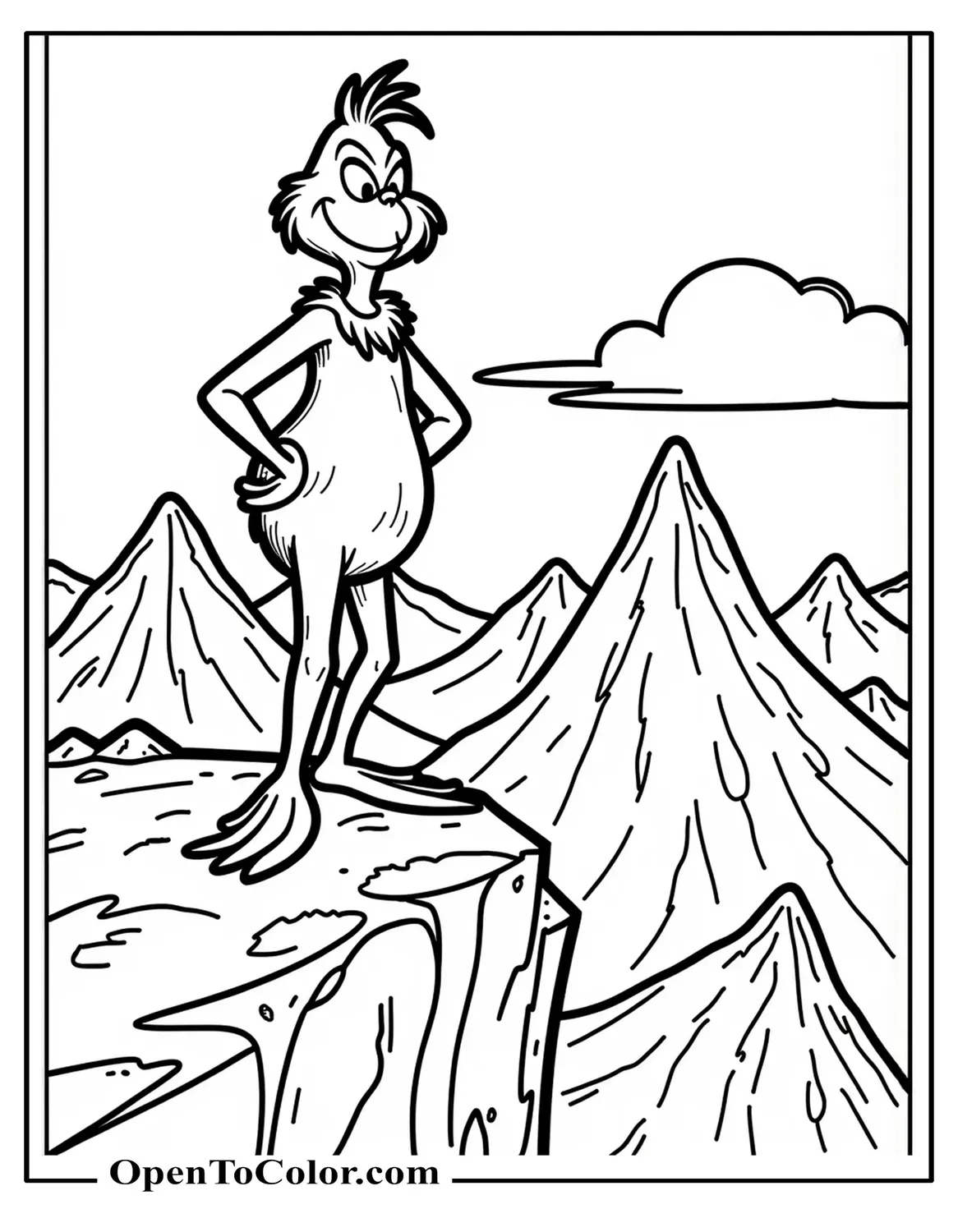 Free coloring page of the Grinch standing proudly on a rocky ledge of Mount Crumpit, snowy mountains and clouds in the distance.