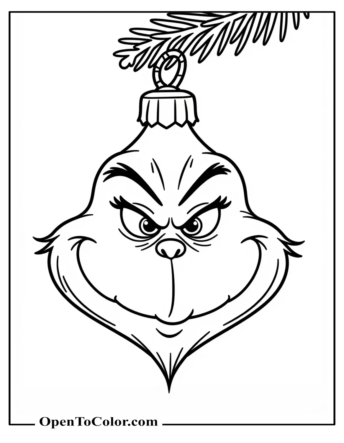 Free Coloring Page of an Ornament Shaped Like the Grinch’s Face Hanging from a Pine Tree Branch with a Simple Hook and a Bow