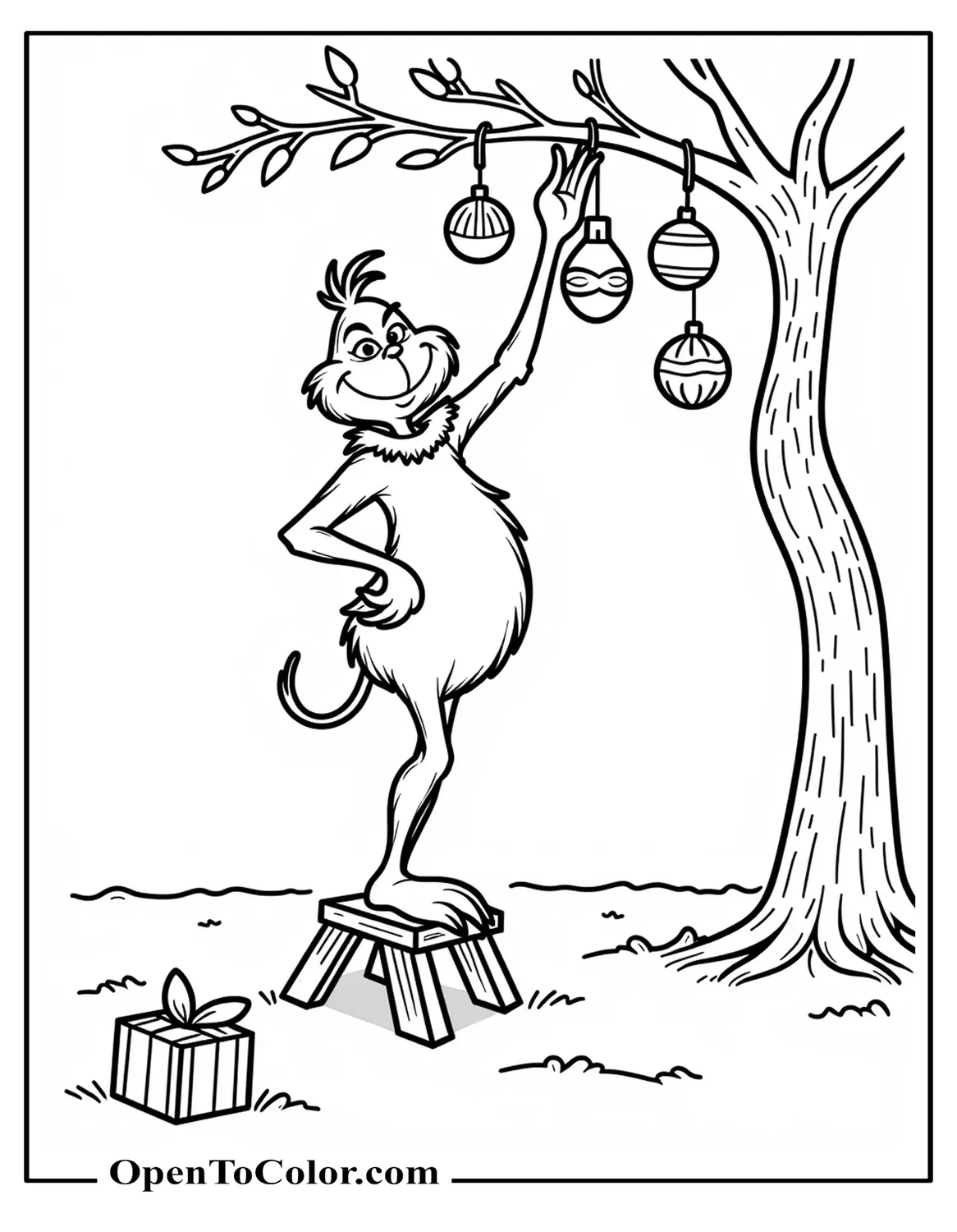 Grinch standing on a small step stool hanging ornaments on a tree branch, a box of ornaments on the floor, printable coloring sheet.