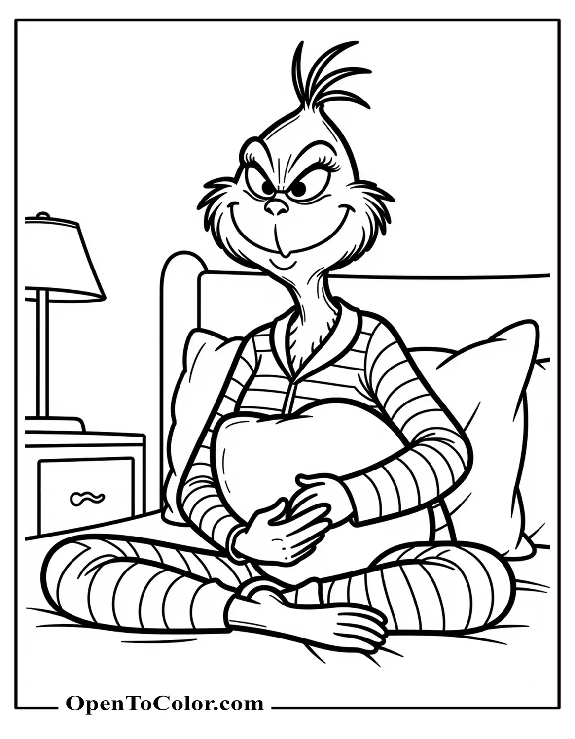 Grinch wearing striped pajamas and holding a pillow, a simple nightstand and lamp behind him, coloring page PDF.