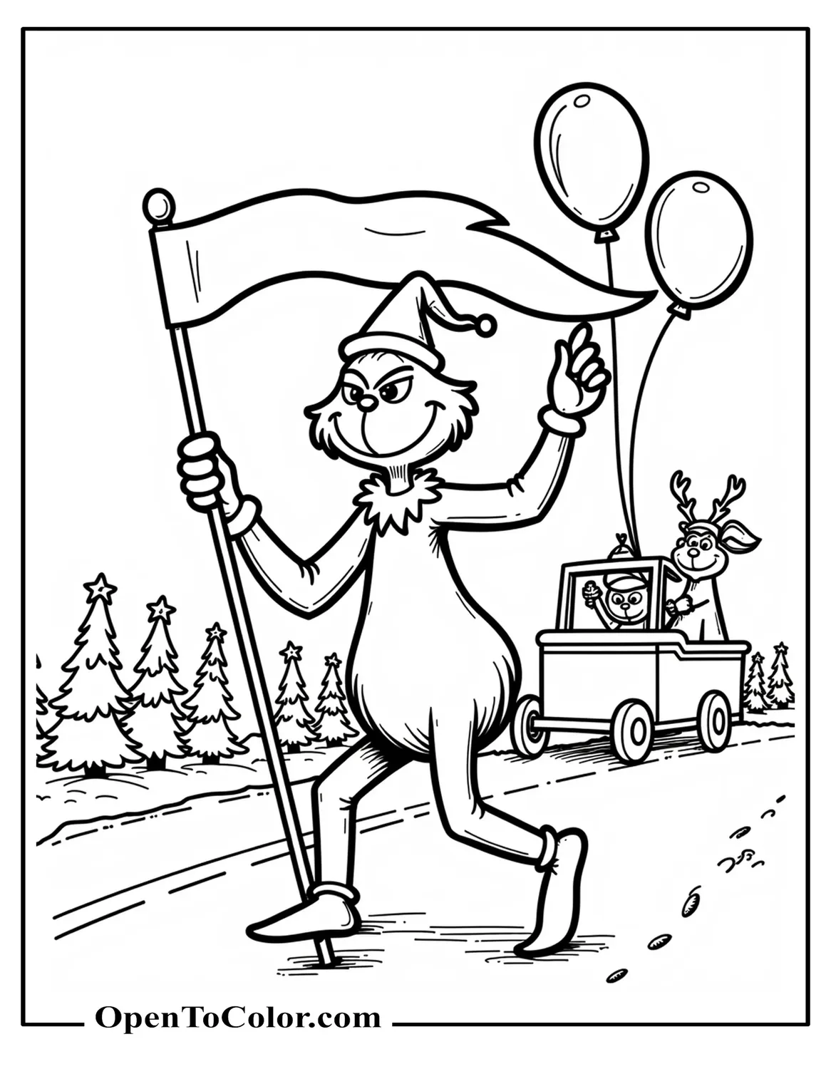 Grinch Marching In A Small Holiday Parade Holding A Banner, With A Simple Float And A Few Balloons Behind Him Coloring Sheet PDF