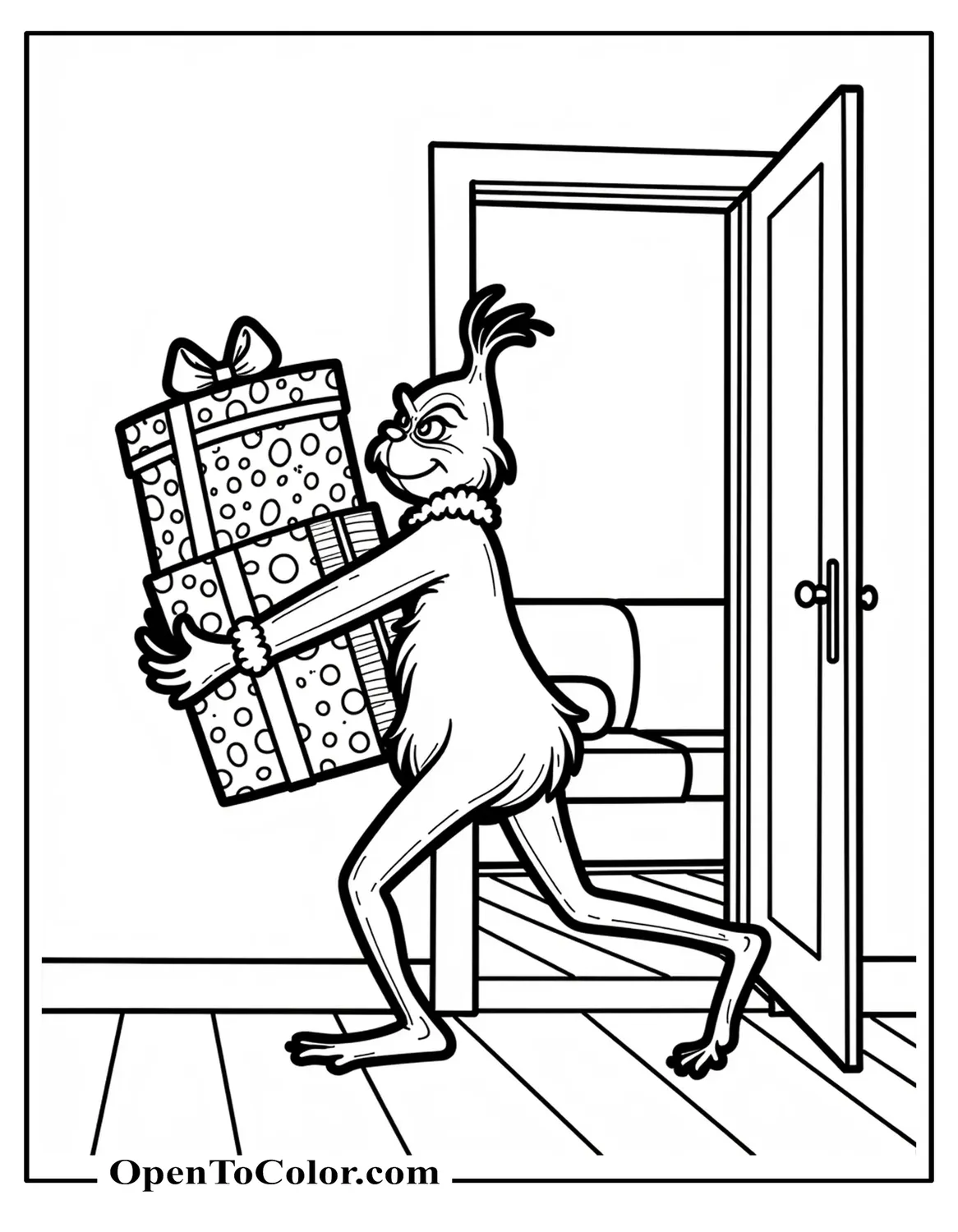 Free Coloring Sheet of Grinch Tiptoeing While Holding a Huge Stack of Wrapped Presents, an Open Living Room Door, and a Simple Couch Behind Him