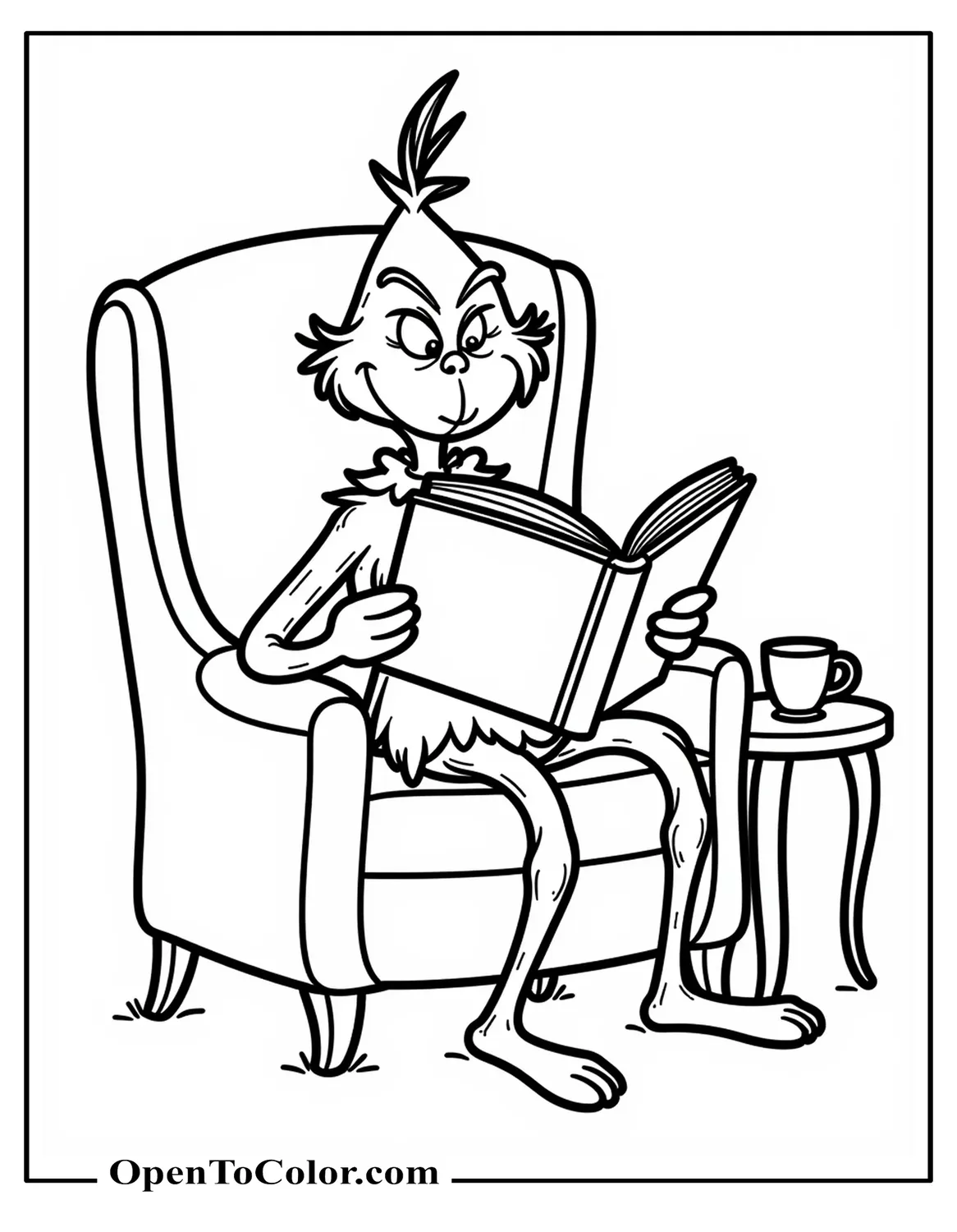 Grinch Sitting In A Comfy Armchair Reading A Big Storybook, A Small Side Table With A Mug Next To Him, Coloring Page PDF