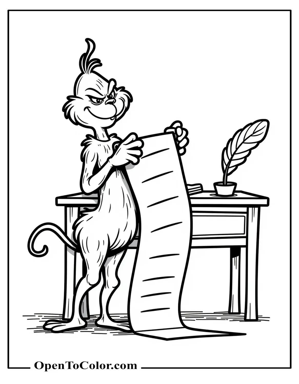 Free Coloring Sheet Of Grinch Holding A Long List That Rolls Onto The Floor, With A Simple Desk And Quill Pen Behind Him