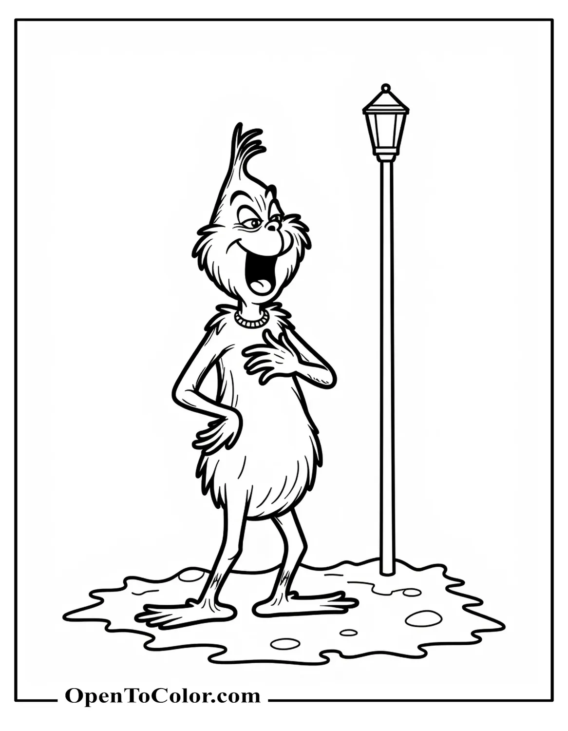 Free Coloring Page of Grinch Singing Loudly With an Open Mouth and One Hand on His Chest, a Simple Lamppost and Snow on the Ground