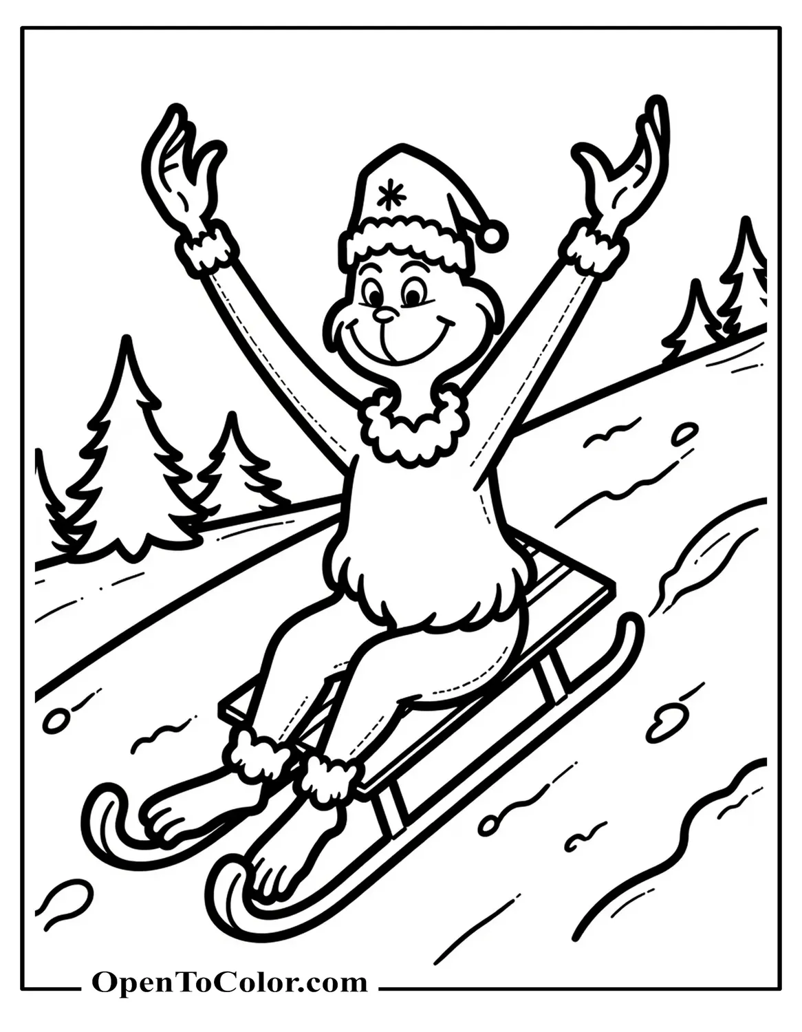 Grinch Sitting On A Sled Going Down A Hill, Arms Up In The Air, With A Few Pine Trees And Snow Mounds Behind Him, Coloring Sheet PDF