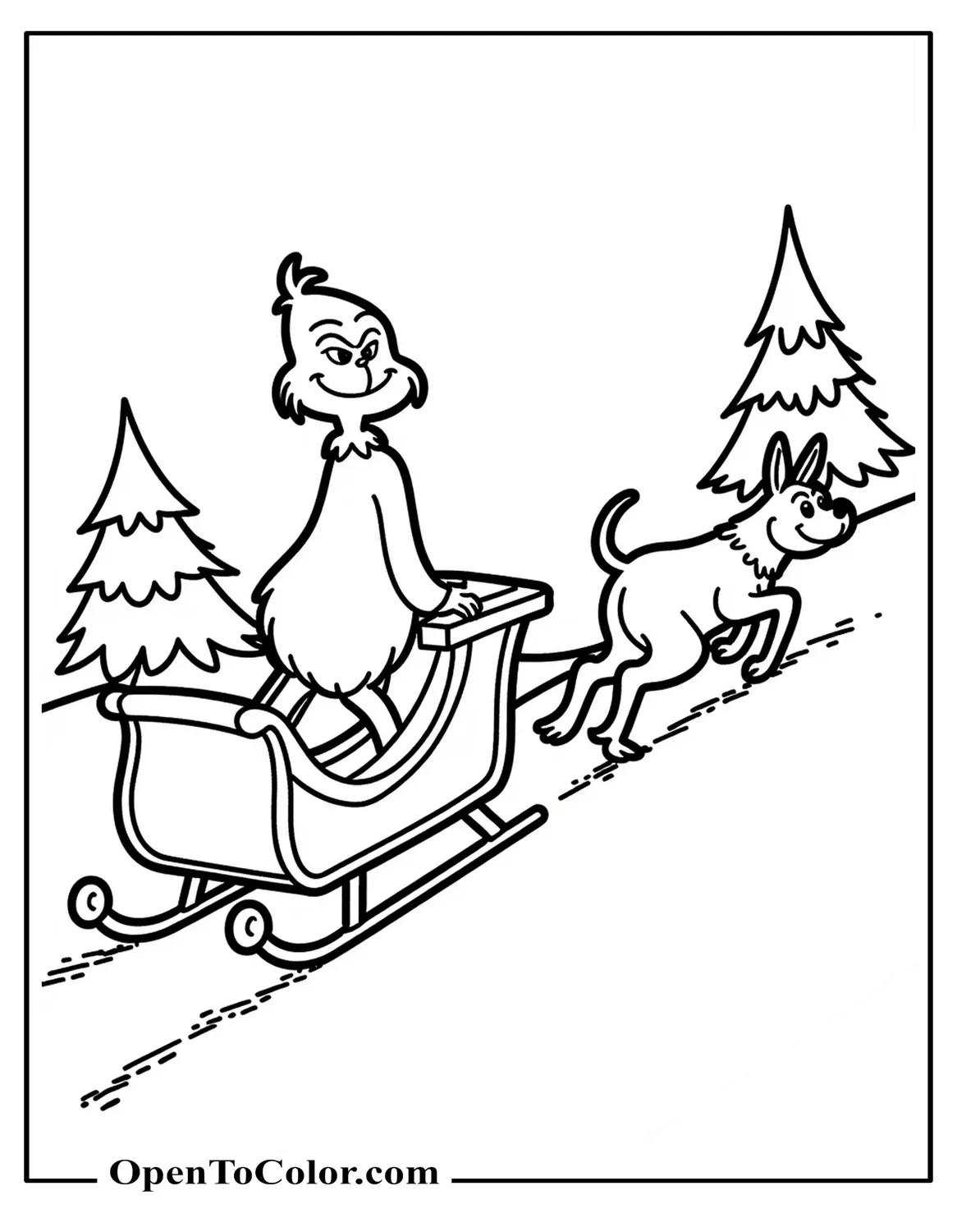 Grinch standing in a sleigh while Max pulls it up a snowy hill with a few simple pine trees in the background, printable coloring page.