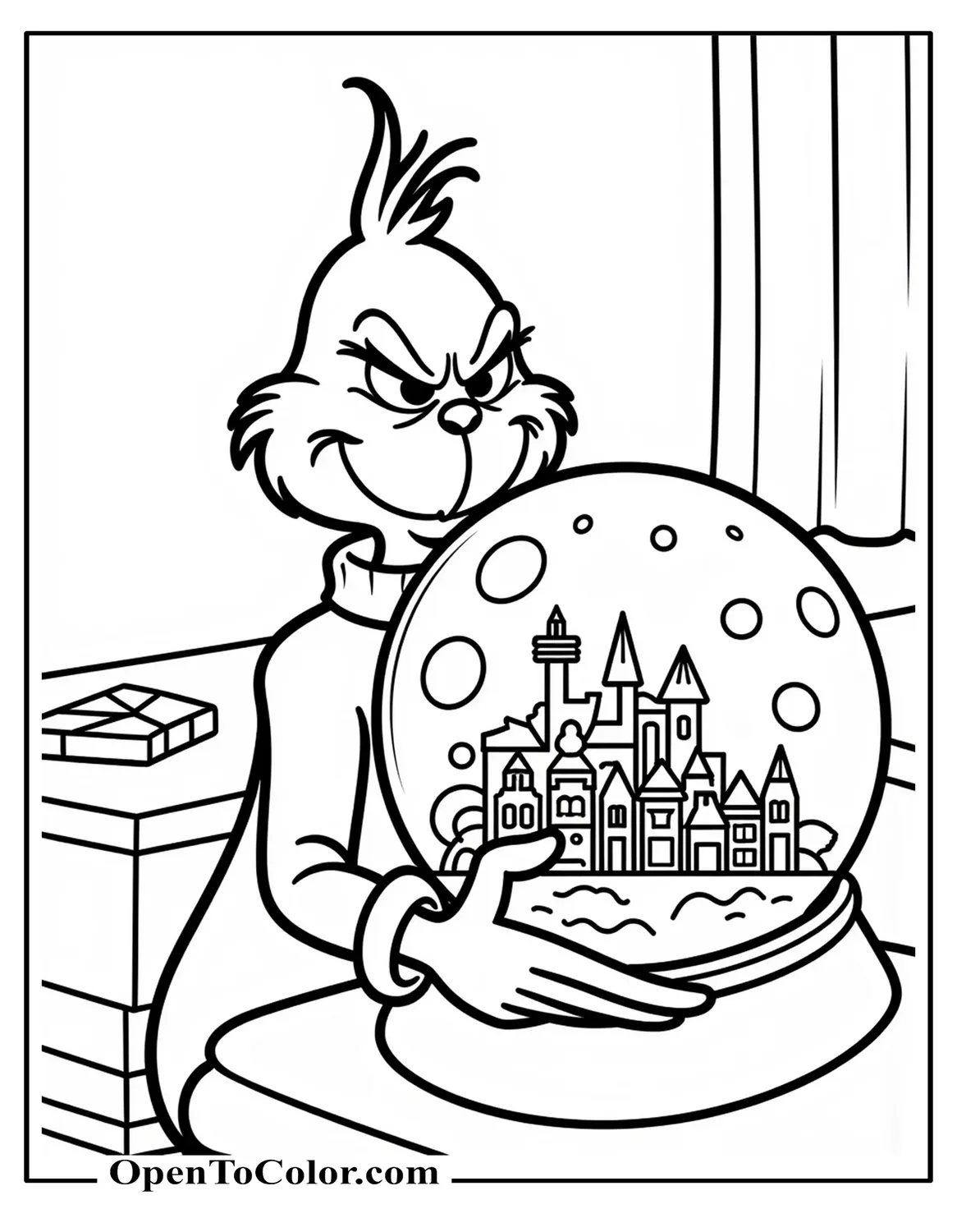 Free Coloring Page: Grinch Holding a Large Snow Globe with a Tiny Whoville Inside, a Simple Table and Curtain in the Background