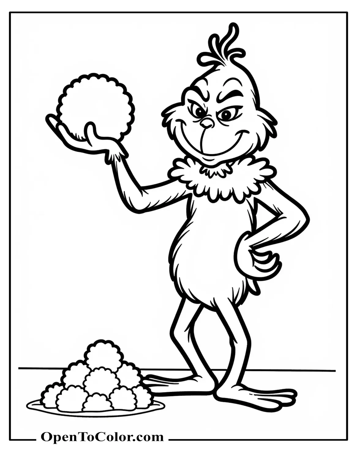 Grinch mid-throw with a snowball in hand, a small pile of snowballs at his feet coloring sheet PDF