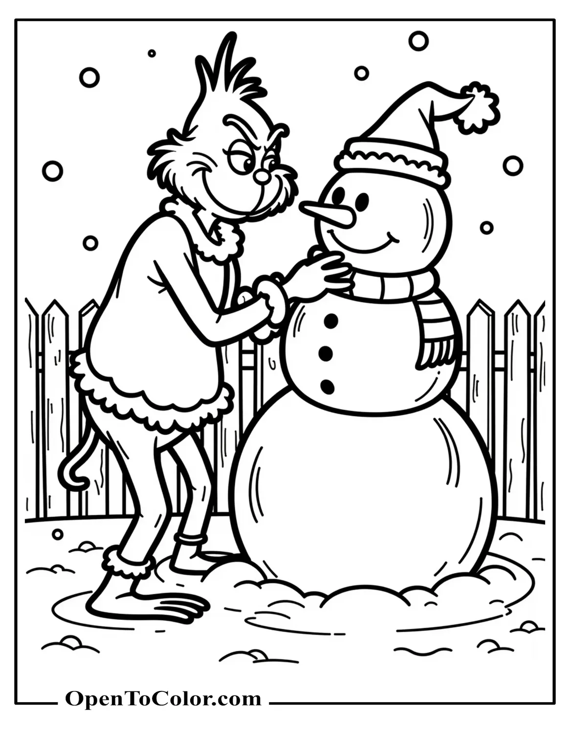 Grinch Putting the Finishing Touches on a Snowman, with Max Watching and a Simple Fence in the Background, Printable Coloring Sheet