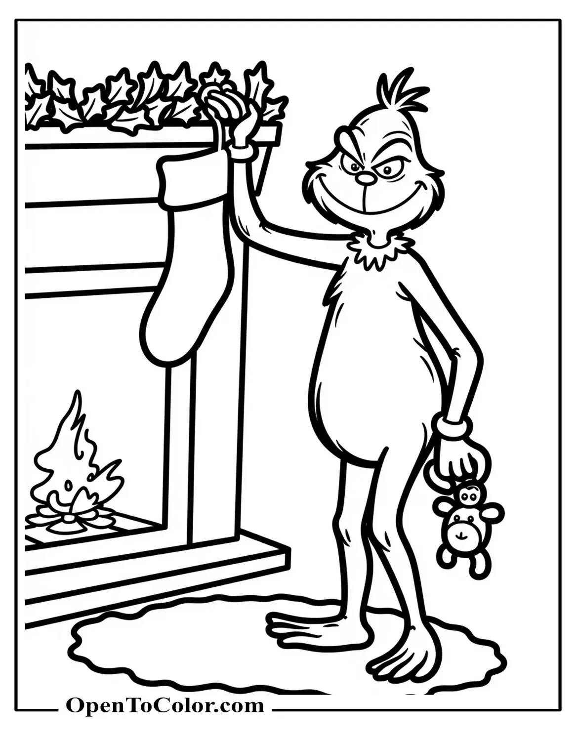 Grinch reaching up to stuff a stocking on a mantle while holding a toy in his other hand, with a simple rug below, coloring page PDF.