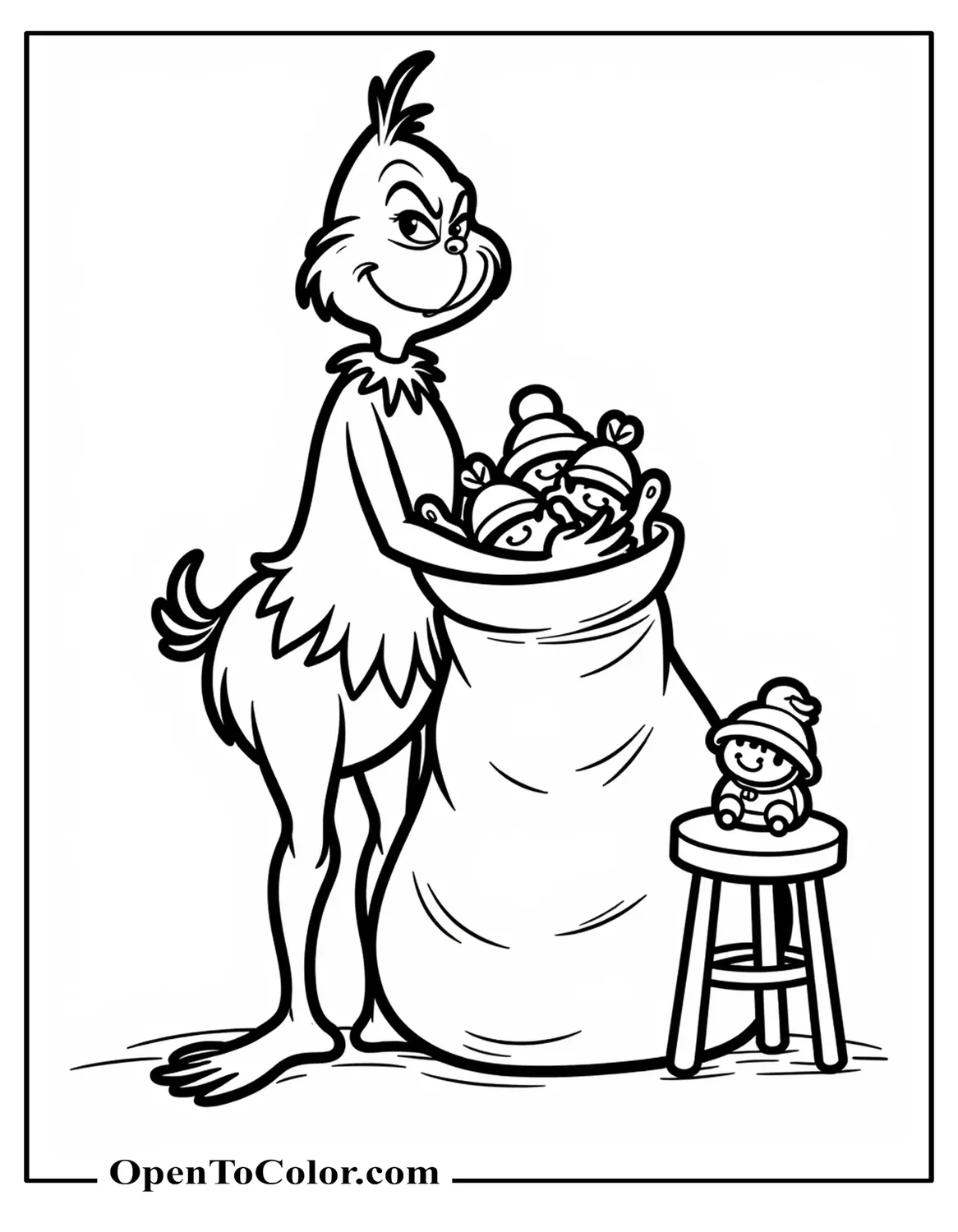 Coloring Page PDF of Grinch Standing with a Big Toy Sack Open at His Feet, a Few Simple Toys Peeking Out and a Small Stool Nearby