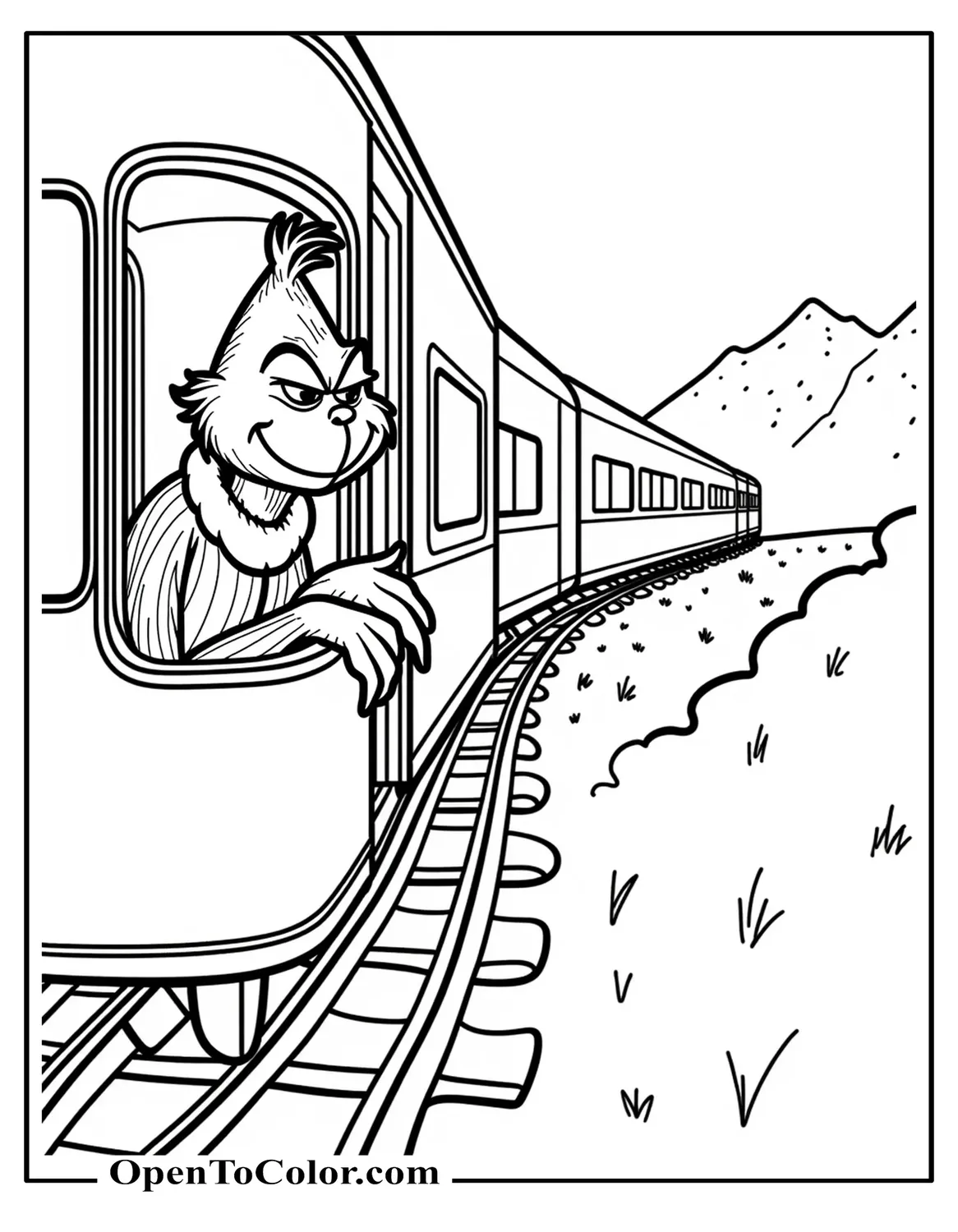 Printable Coloring Page of Grinch Sitting in a Train Car Looking Out the Window, Simple Train Tracks and Hills Outside