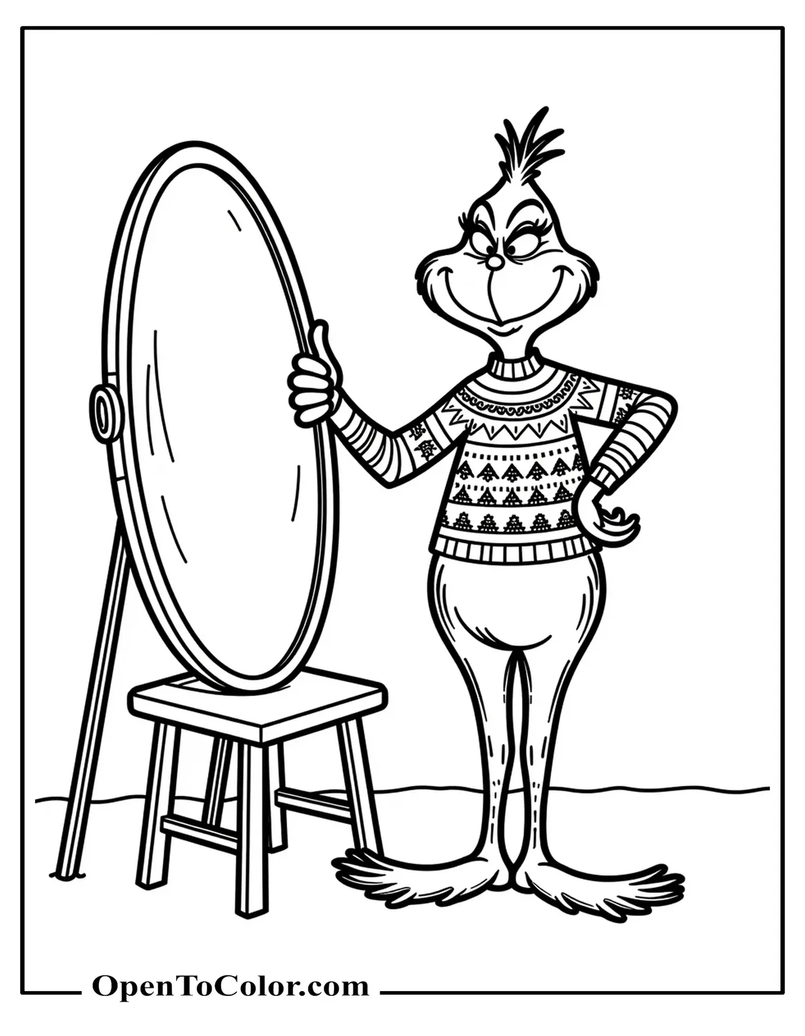 Grinch Proudly Showing Off A Patterned Holiday Sweater Coloring Page, Standing In Front Of A Simple Mirror And Small Stool, Printable