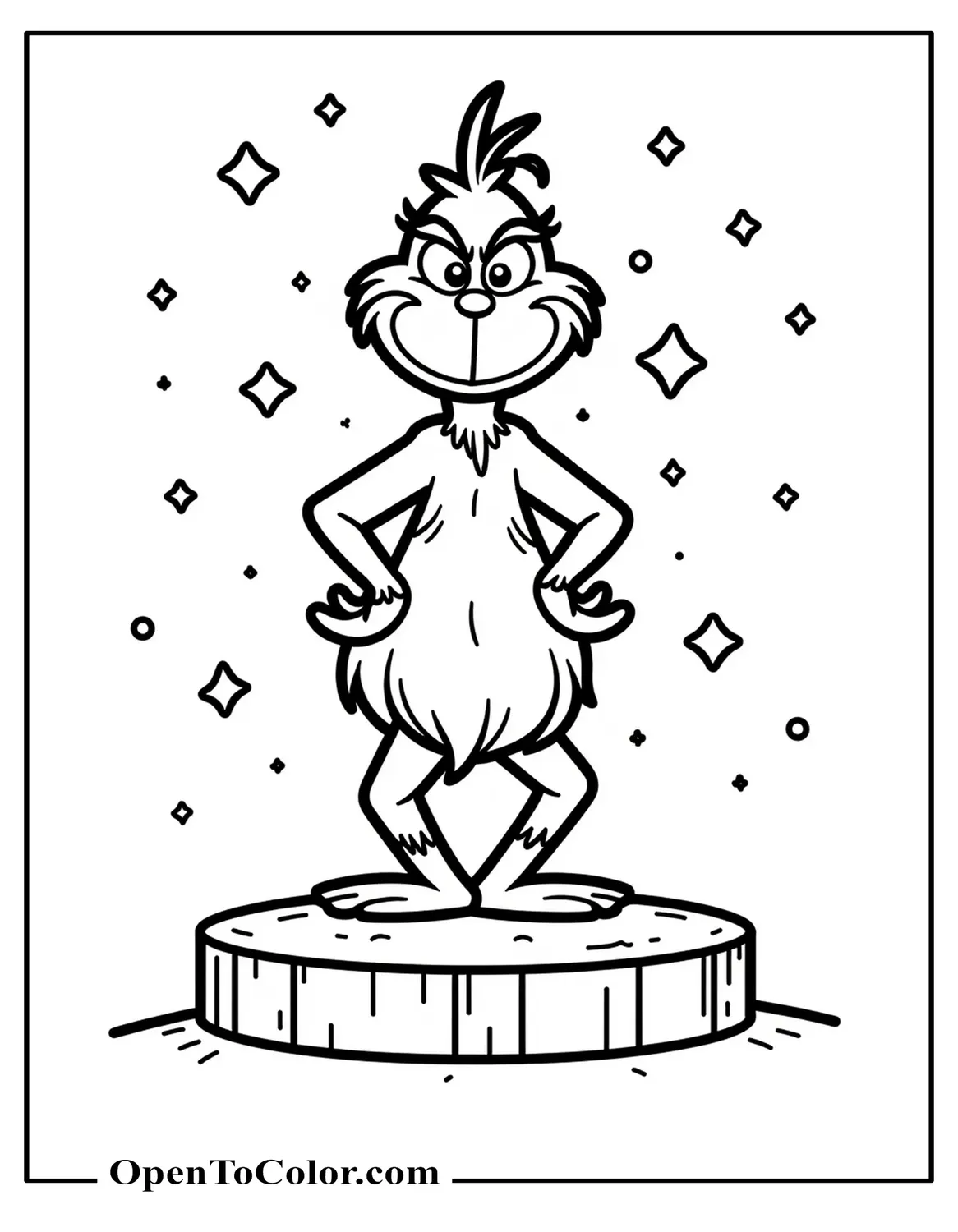 Printable Coloring Sheet of Grinch in a Blocky Video Game Style Standing on a Platform, with Simple Floating Shapes and a Retro Frame