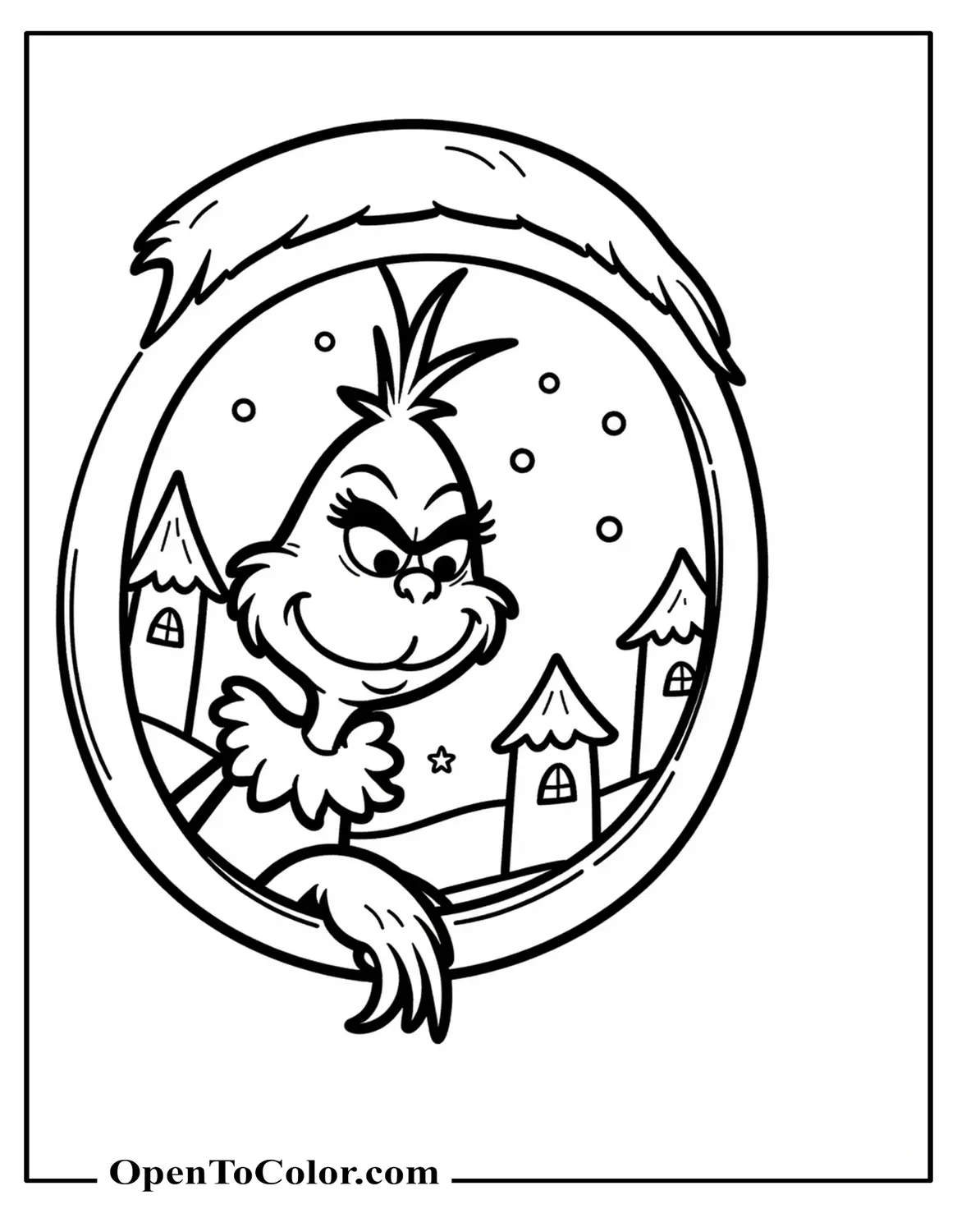 Grinch peeking through a round window from outside, Whoville-style houses and simple stars in the background, coloring page, printable.