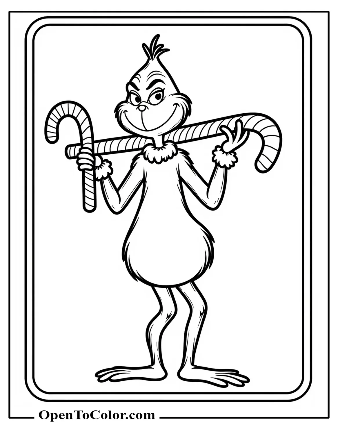 Grinch holding a big curved candy cane over his shoulder, a simple striped border around the scene, coloring sheet PDF.
