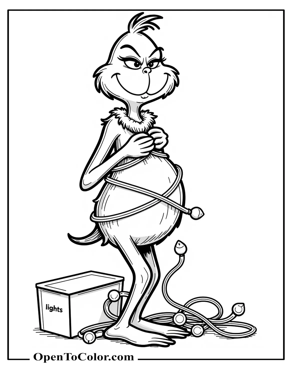 Grinch Standing Tangled In A String Of Holiday Lights, A Simple Box Labeled “Lights” At His Feet, Free Coloring Sheet