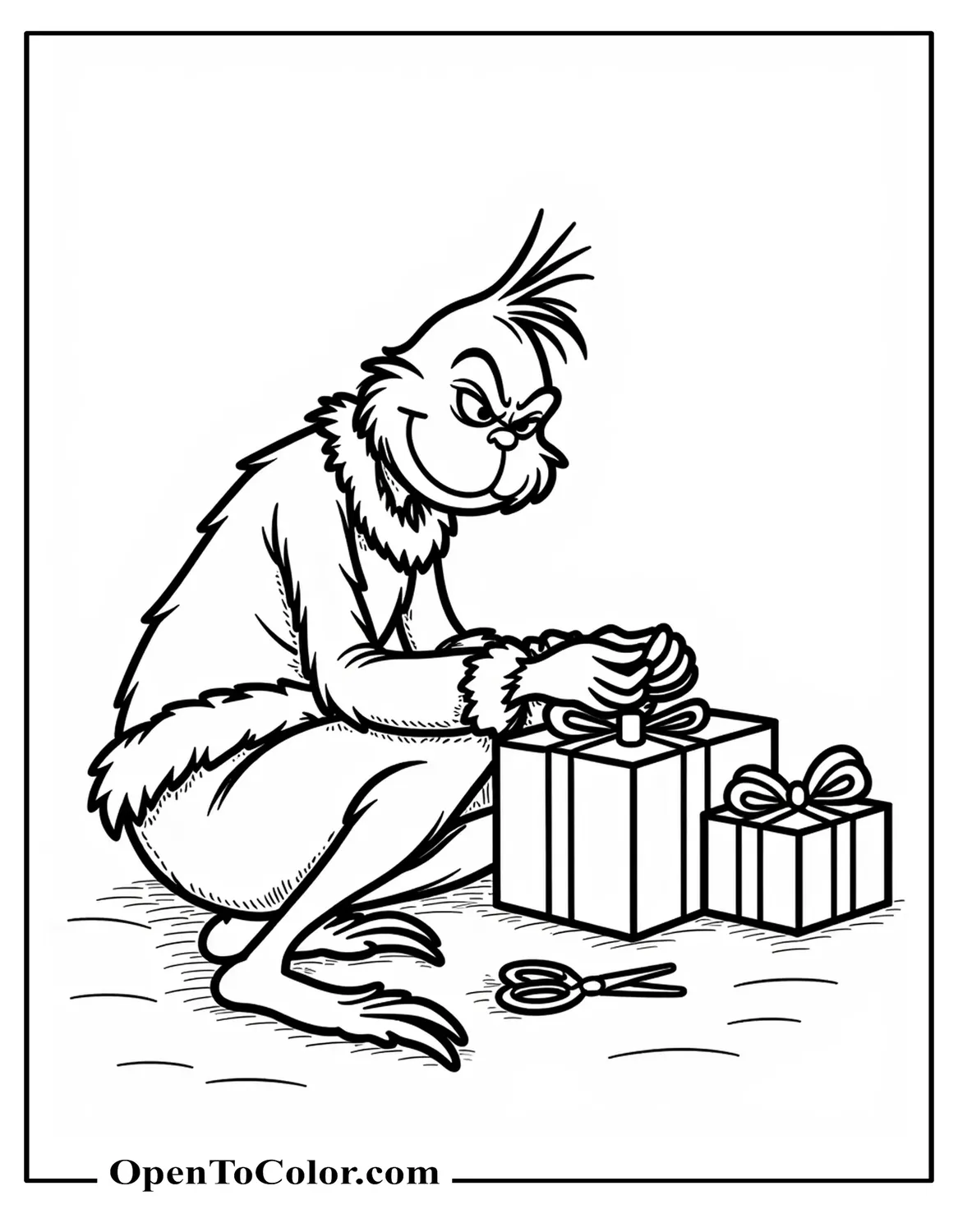 Free Coloring Page Of Grinch Sitting On The Floor Wrapping A Gift With Scissors And Tape Nearby, A Small Pile Of Unwrapped Boxes Behind Him