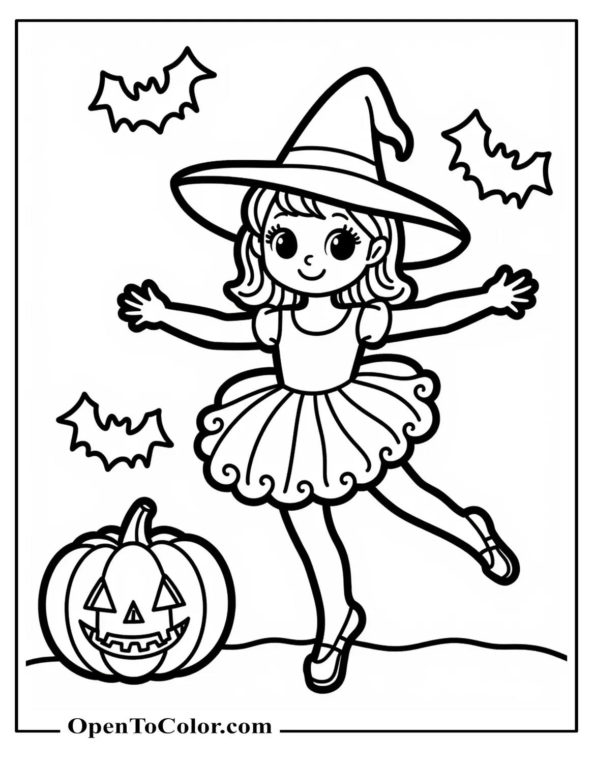 Ballerina Wearing A Small Witch Hat And Tutu Dancing Next To A Jack-O-Lantern And A Few Bats Coloring Sheet PDF