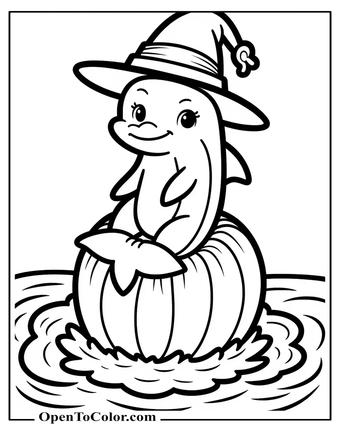 Dolphin Wearing A Witch Hat Sitting On A Floating Pumpkin Over Waves Coloring Page PDF