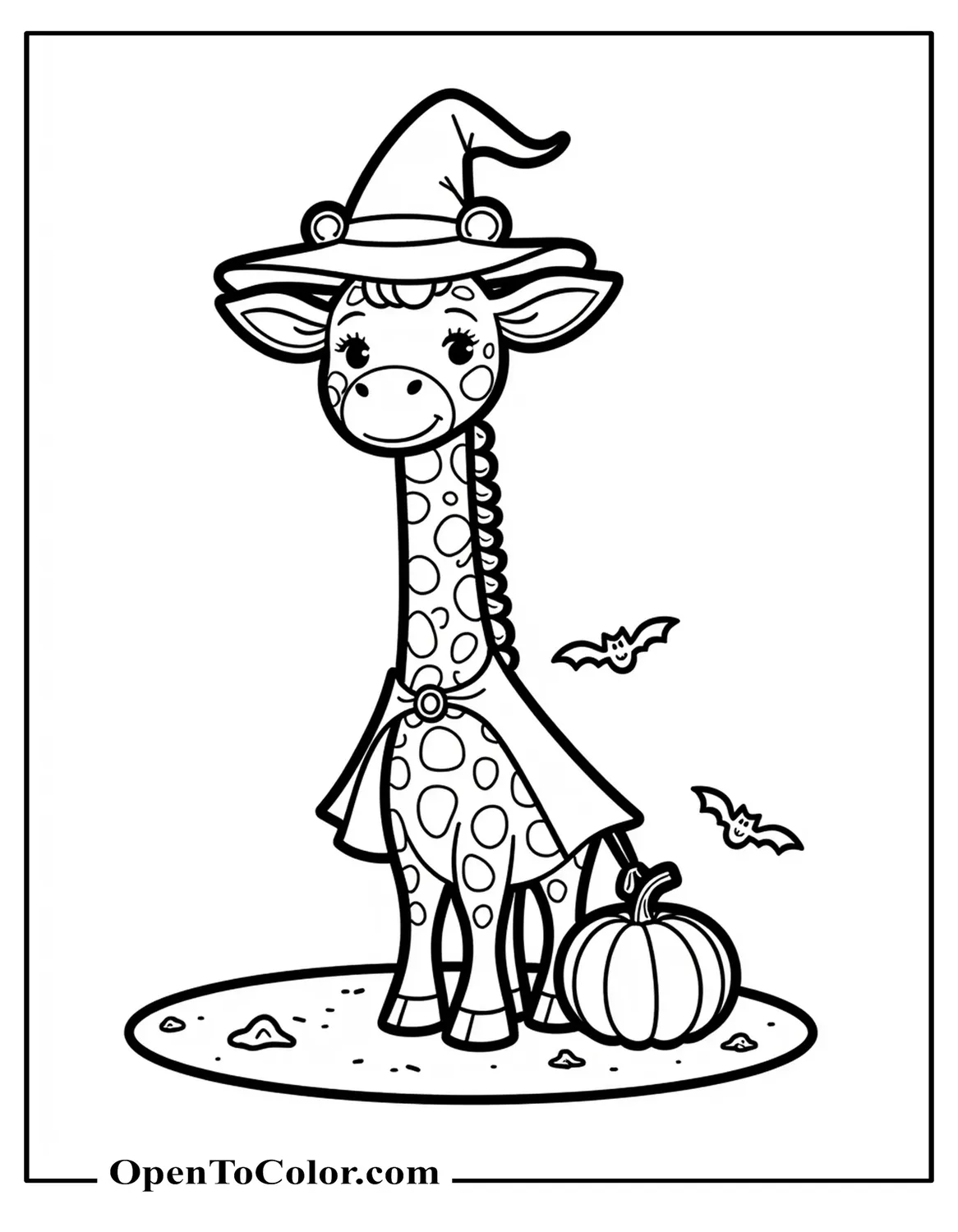 Free Coloring Page of a Giraffe Wearing a Witch Hat and Cape, Standing Next to a Pumpkin and Small Bats