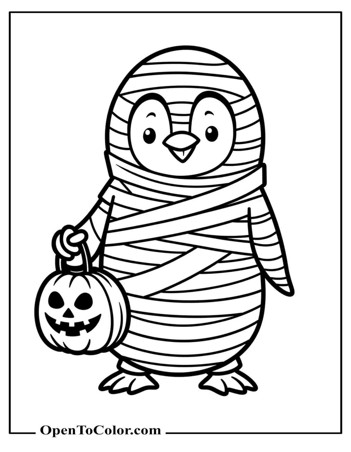 Free Halloween Penguin Coloring Sheet Dressed As A Mummy Holding A Trick-Or-Treat Bag