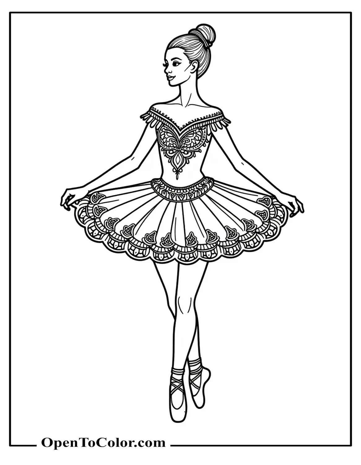 Detailed ballerina costume coloring page PDF with complex lace patterns on tutu, shown on a dancer in an elegant pose