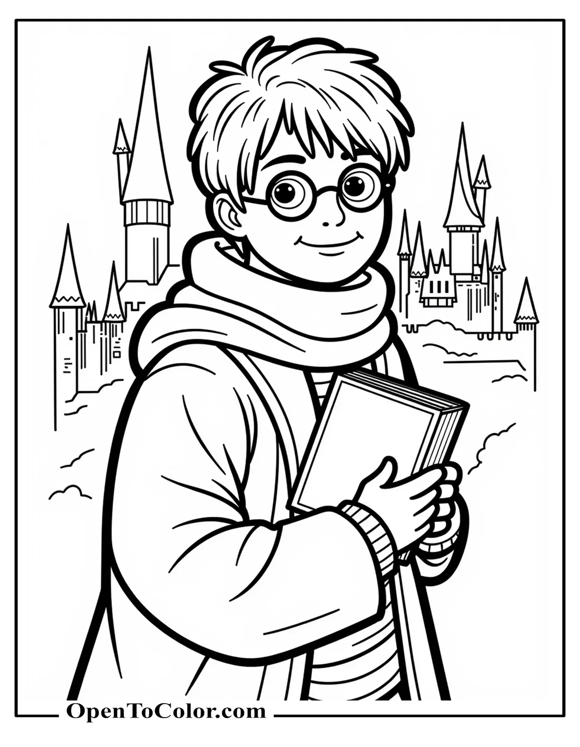 Free Harry Potter Coloring Sheet In A Scarf Holding A Wrapped Book, Snowy Castle Outline Behind