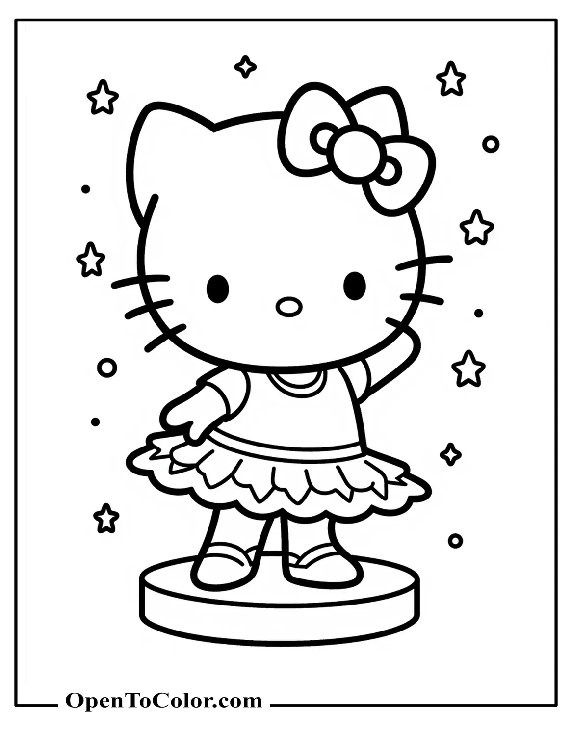 Free Hello Kitty Coloring Page Wearing a Tutu and Bow, Standing in Ballet Pose on a Small Stage with Simple Stars in the Background